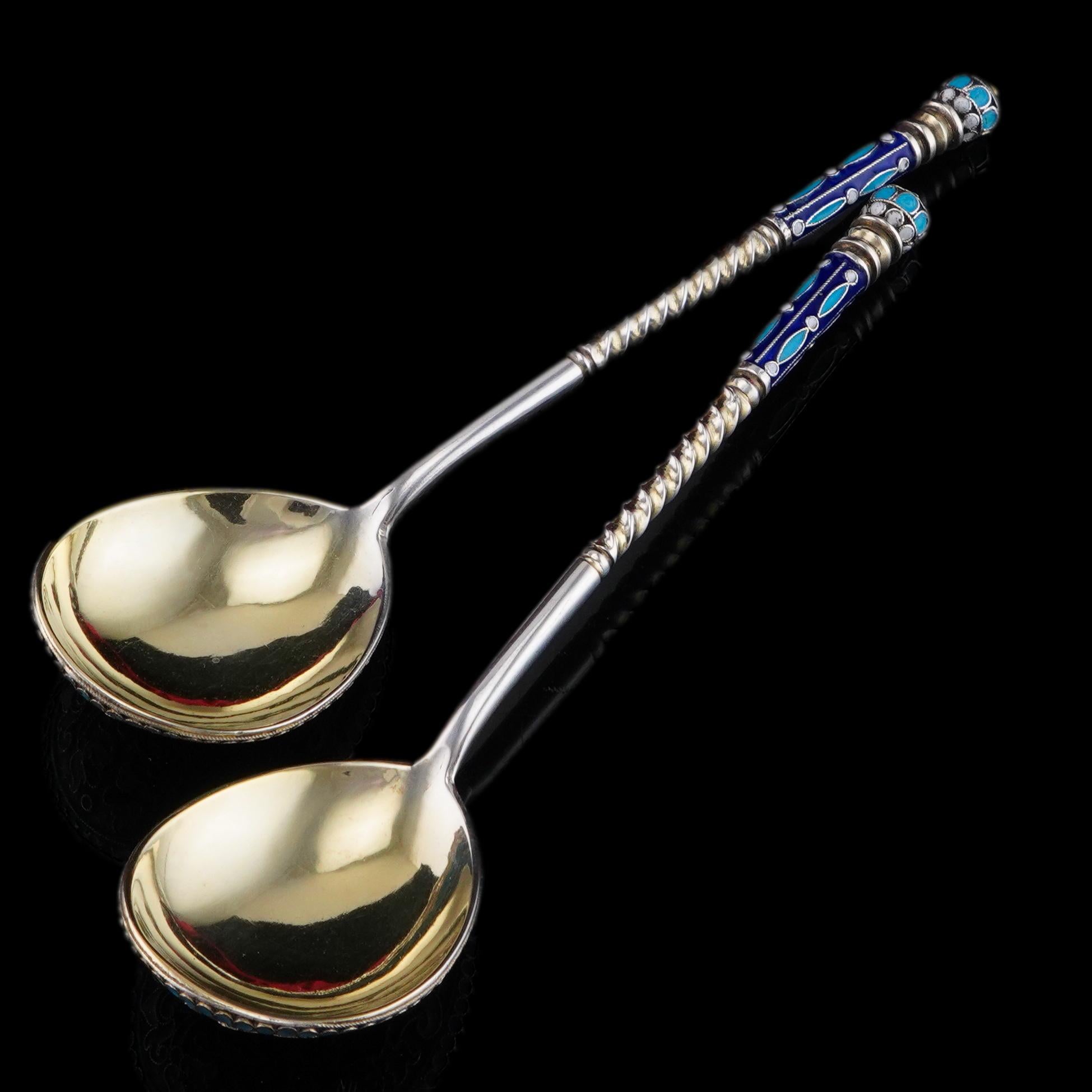 Antique Imperial Russian Solid Silver Spoons with Cloisonne Enamel c.1882 For Sale 14