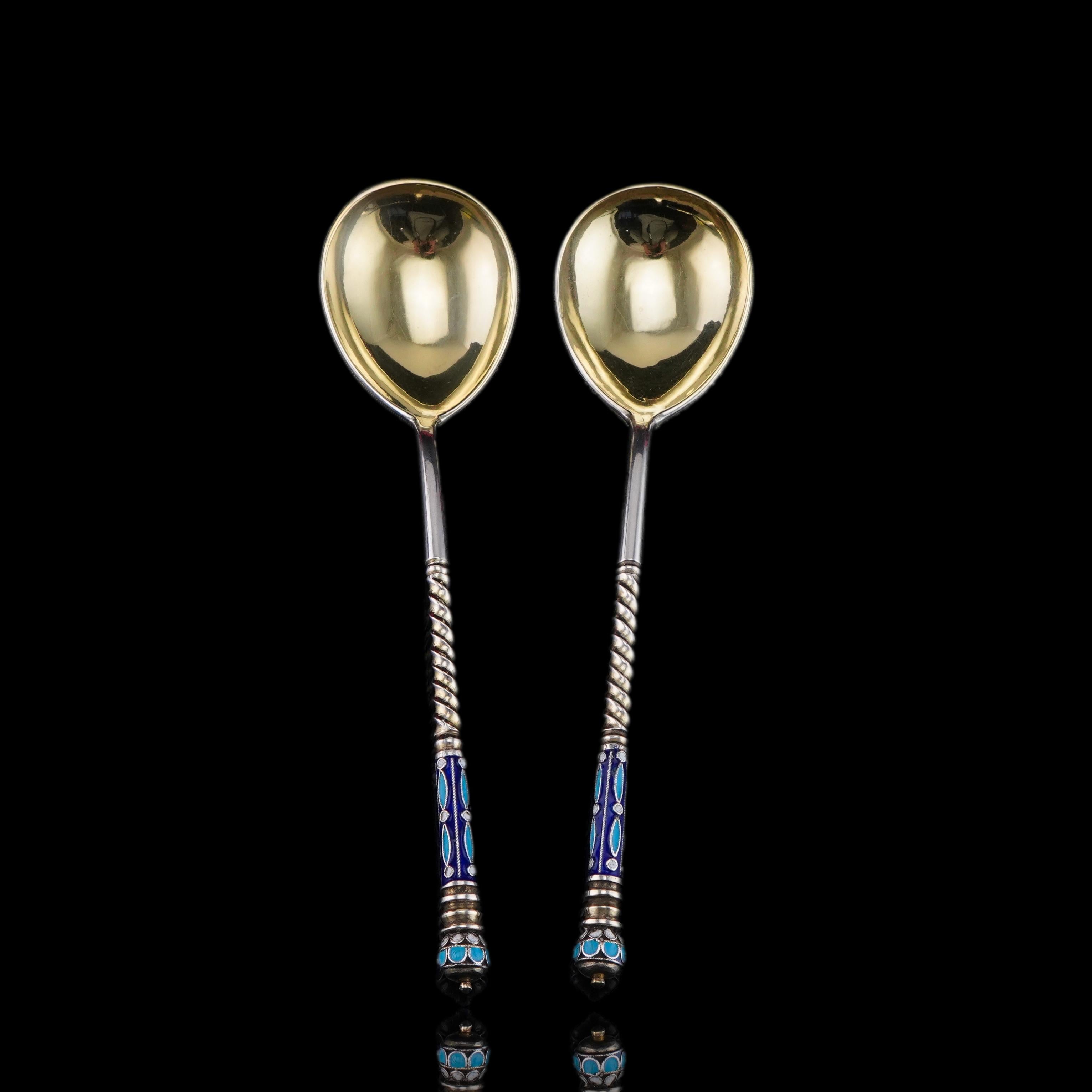 Antique Imperial Russian Solid Silver Spoons with Cloisonne Enamel c.1882 For Sale 15