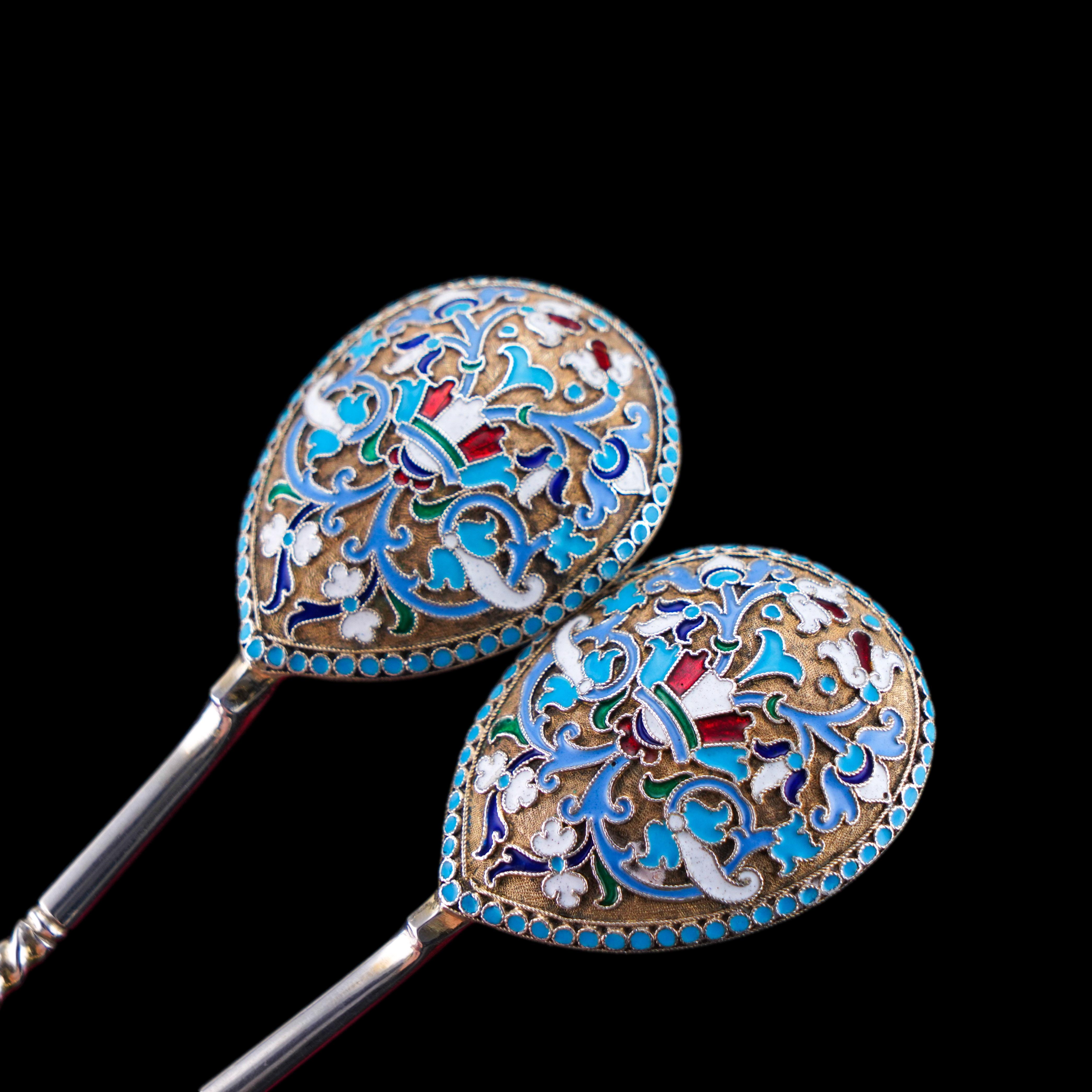 19th Century Antique Imperial Russian Solid Silver Spoons with Cloisonne Enamel c.1882 For Sale
