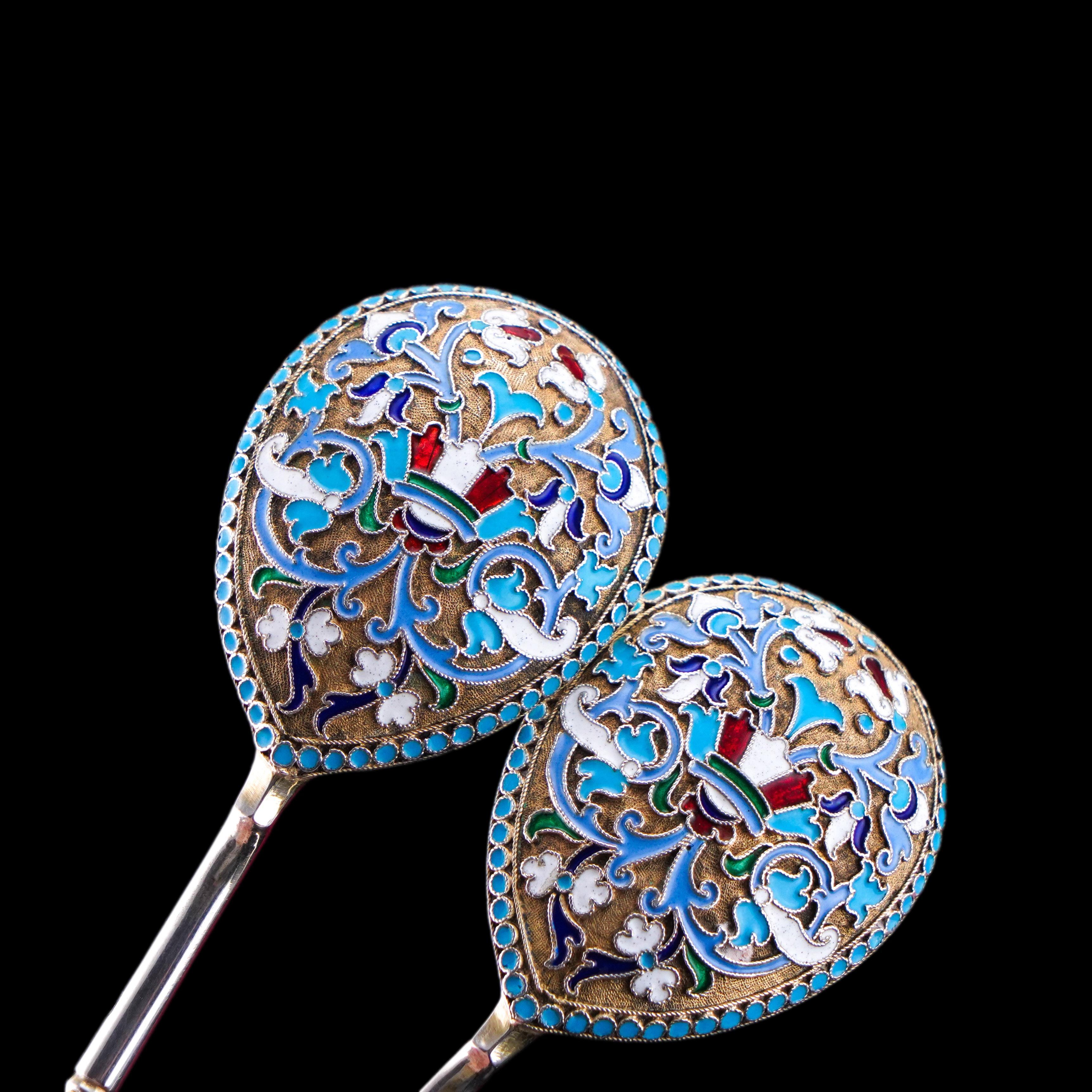 Antique Imperial Russian Solid Silver Spoons with Cloisonne Enamel c.1882 For Sale 2