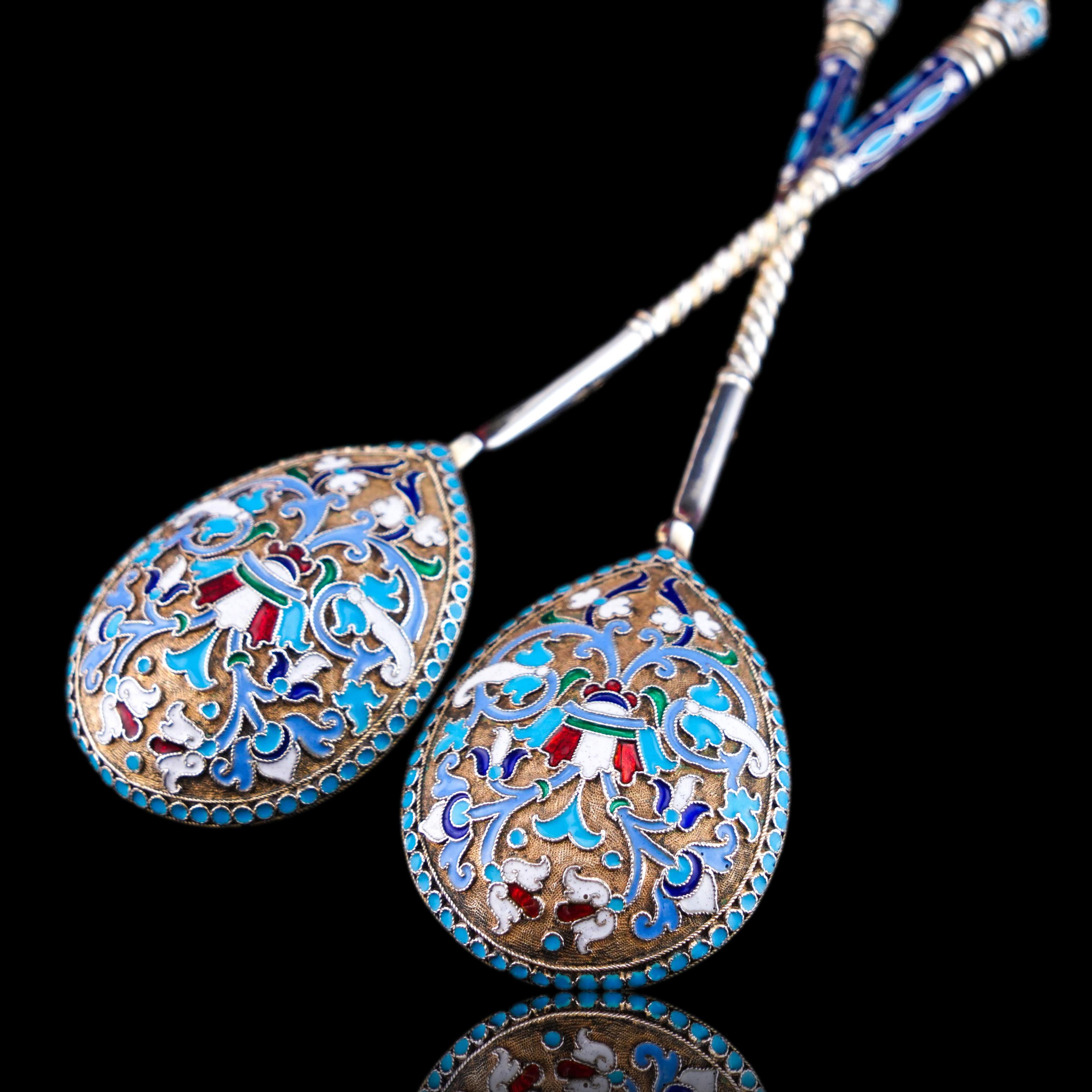 Antique Imperial Russian Solid Silver Spoons with Cloisonne Enamel c.1882 For Sale 3