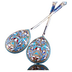Used Imperial Russian Solid Silver Spoons with Cloisonne Enamel c.1882