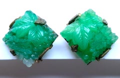 Antique BurmeseImperialGreen Jadeite Late1800s IntricateCarved ChineseEarrings