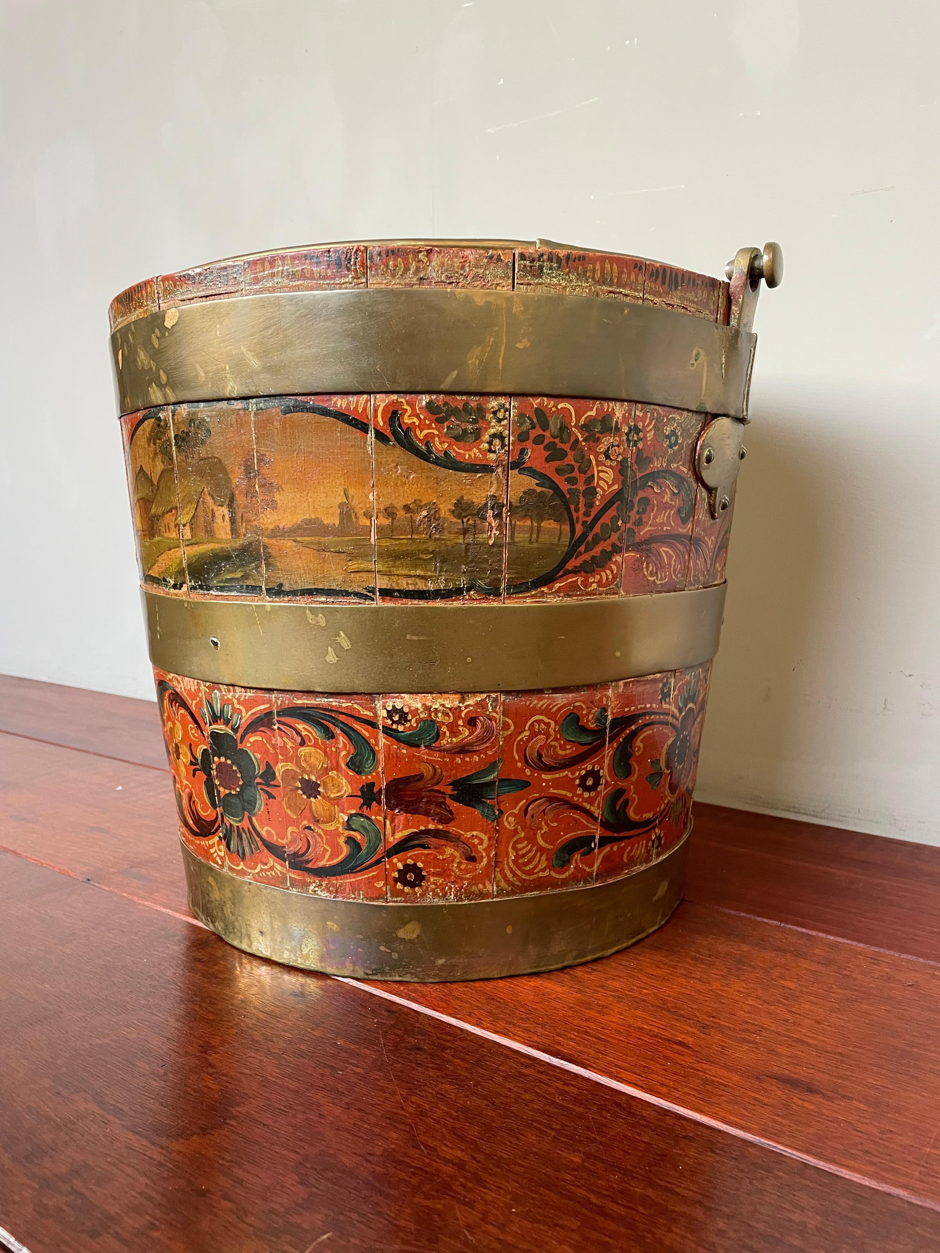 Antique & Important Dutch Hindeloopen Hand Painted Folk Art Tea Bucket w. Liner For Sale 5