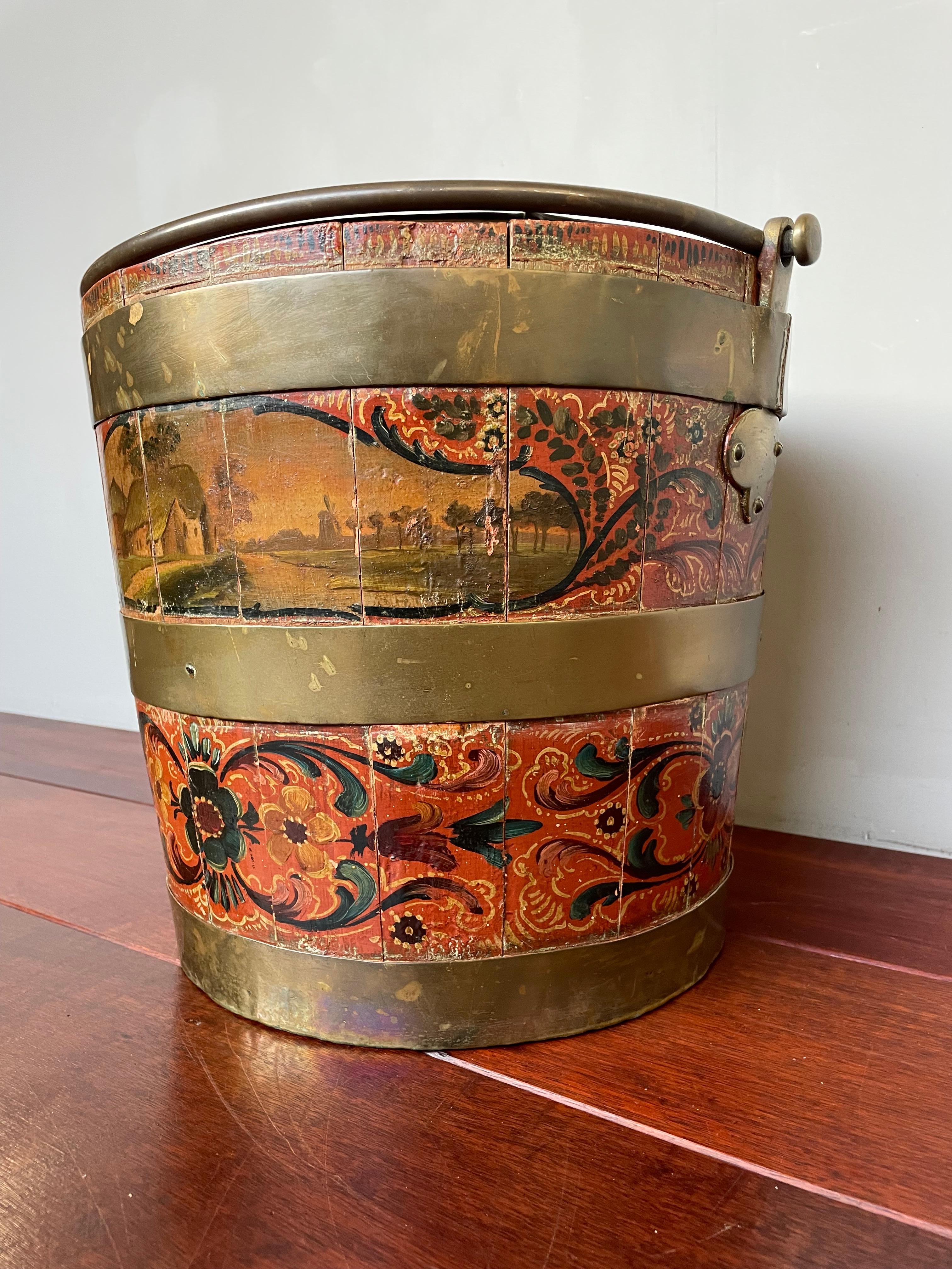 Antique & Important Dutch Hindeloopen Hand Painted Folk Art Tea Bucket w. Liner For Sale 6