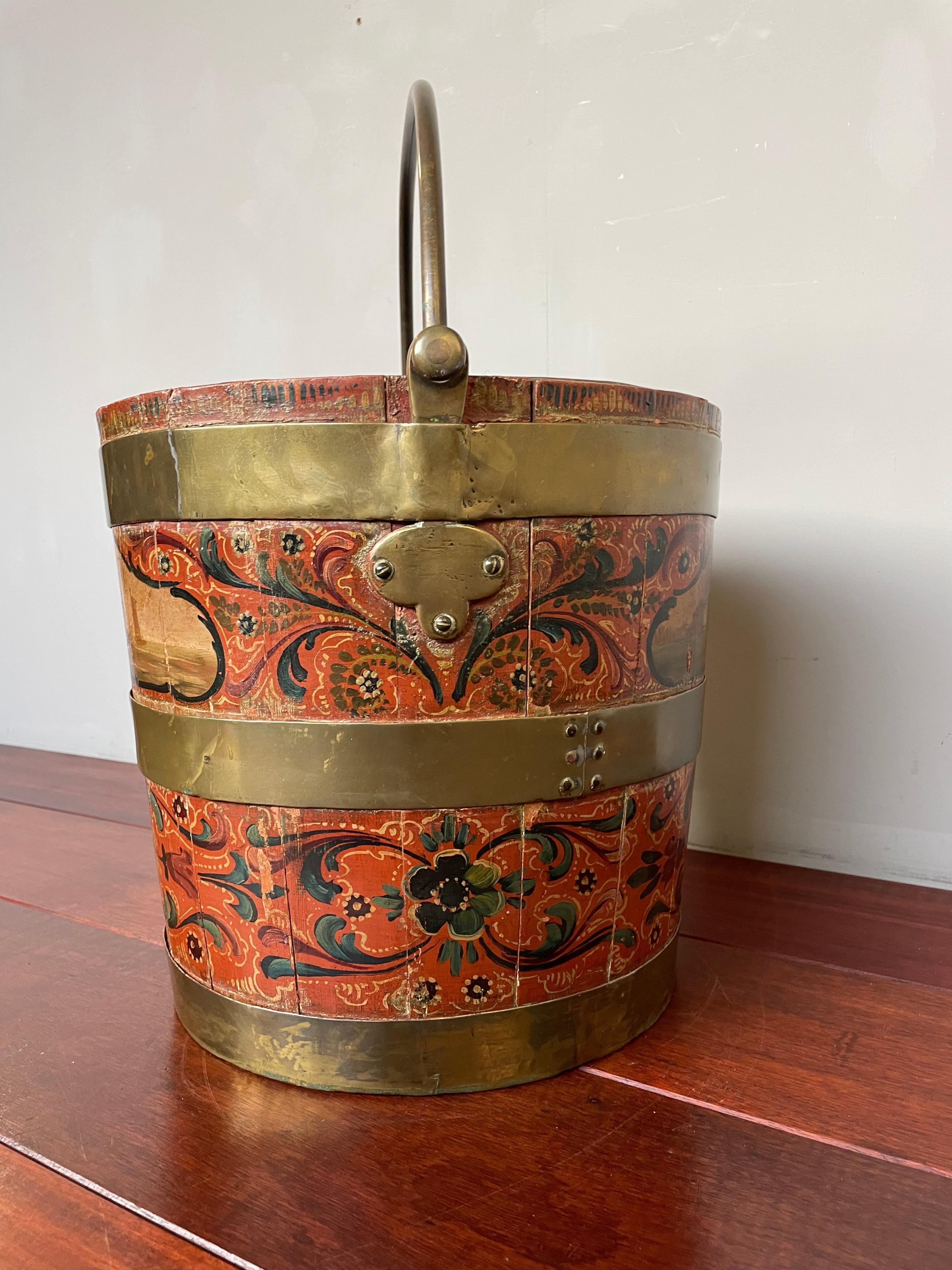 Antique & Important Dutch Hindeloopen Hand Painted Folk Art Tea Bucket w. Liner For Sale 7