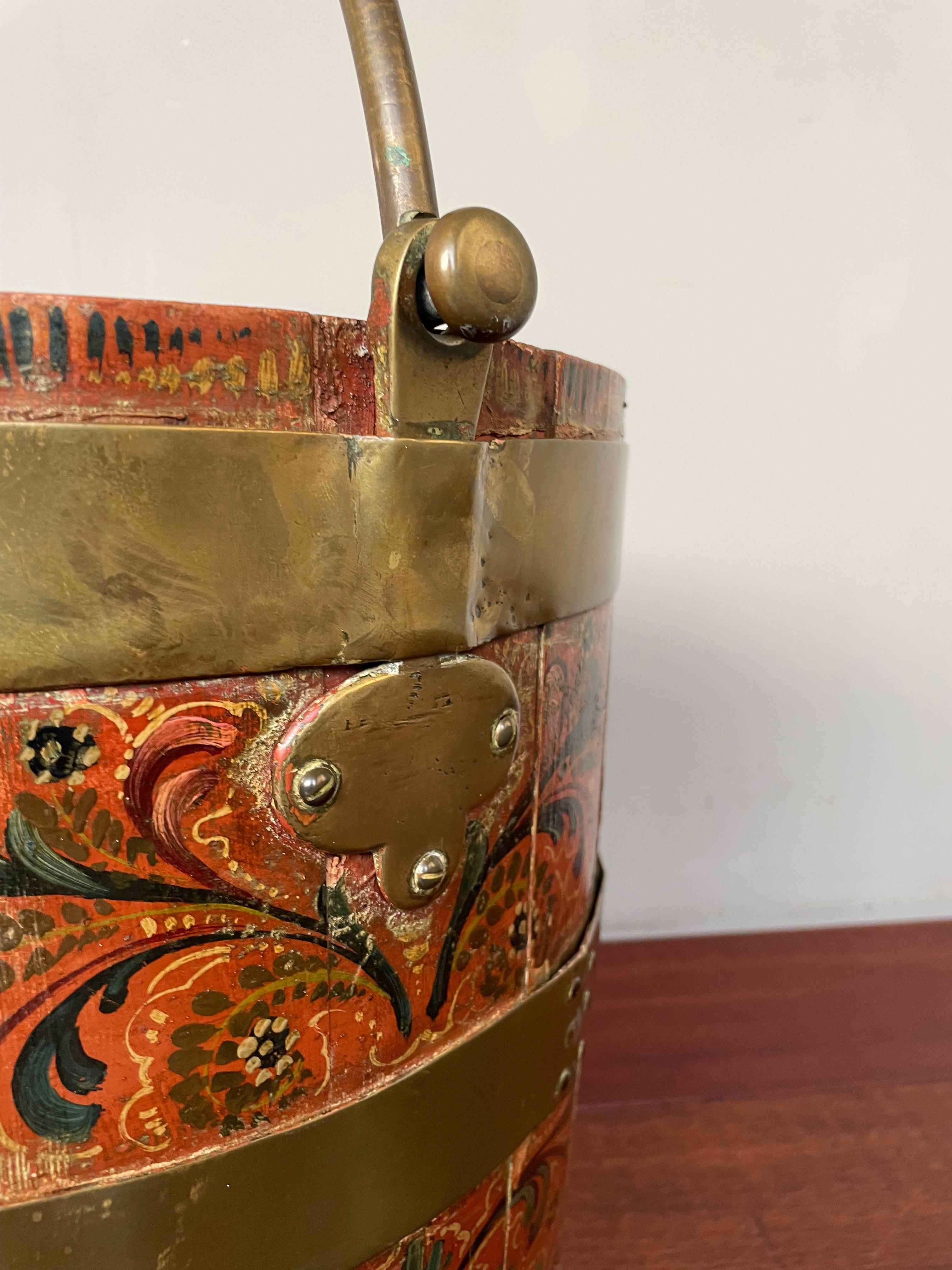 Antique & Important Dutch Hindeloopen Hand Painted Folk Art Tea Bucket w. Liner For Sale 8