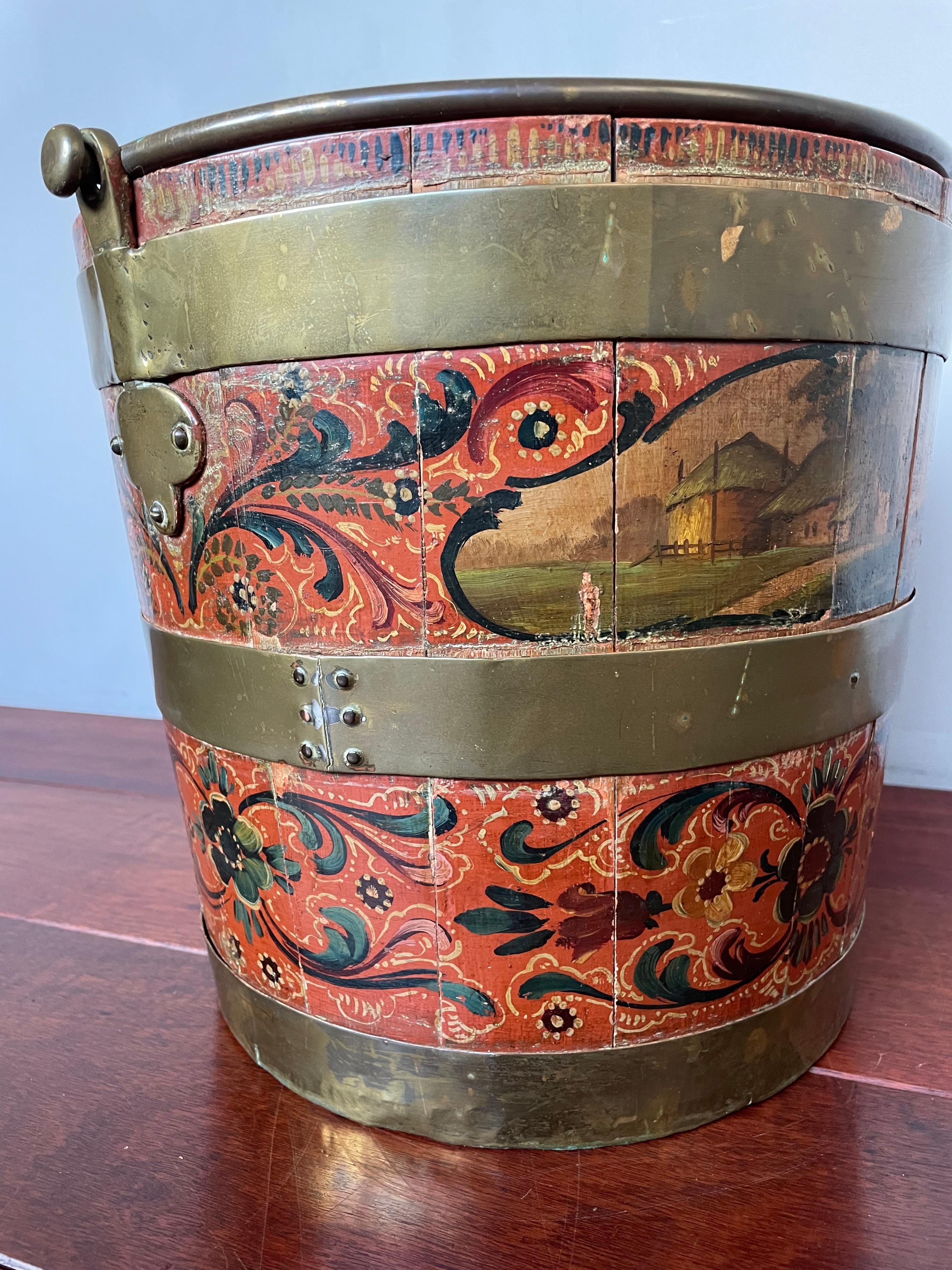 Antique & Important Dutch Hindeloopen Hand Painted Folk Art Tea Bucket w. Liner For Sale 9