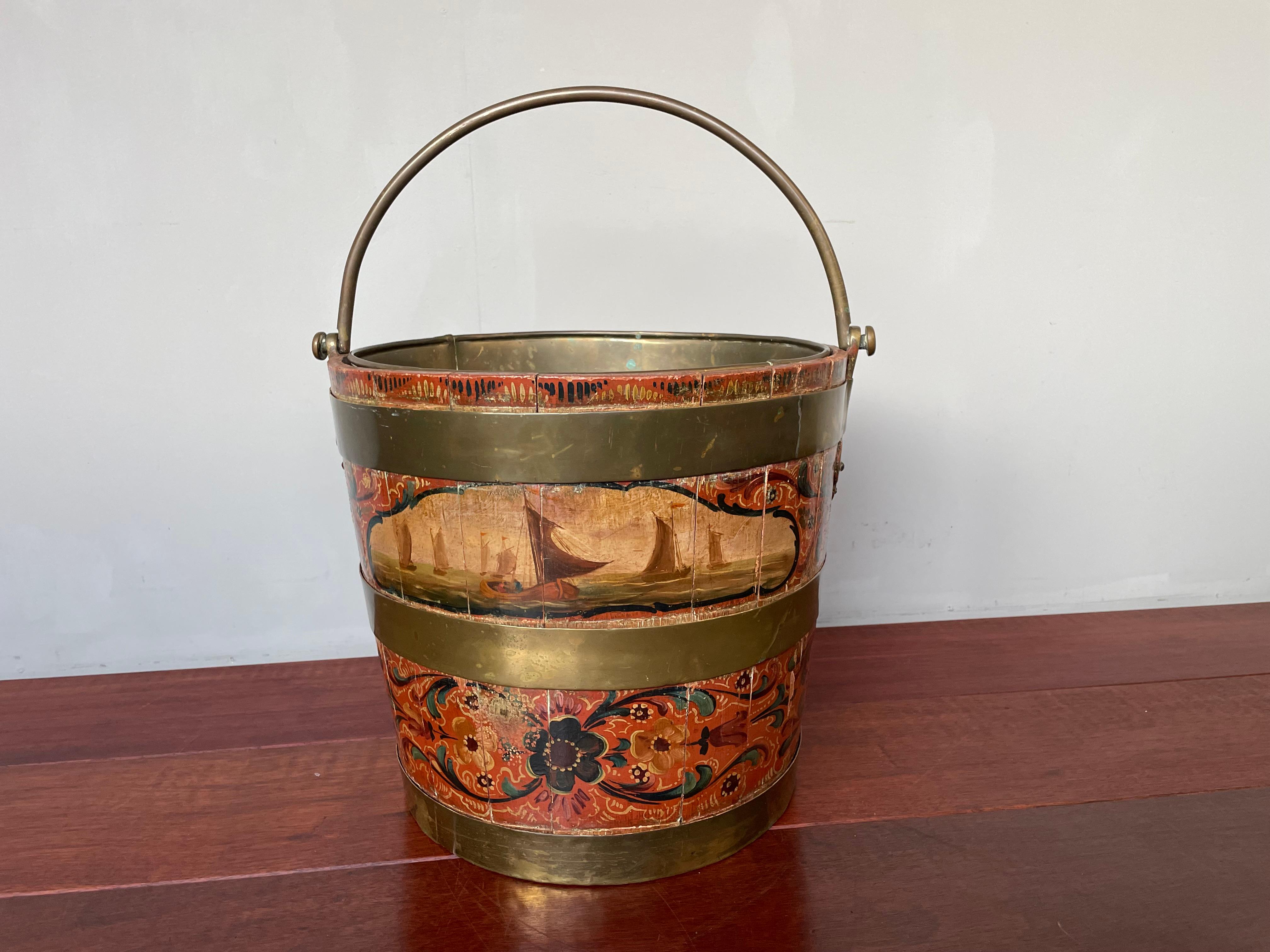 Antique & Important Dutch Hindeloopen Hand Painted Folk Art Tea Bucket w. Liner For Sale 10