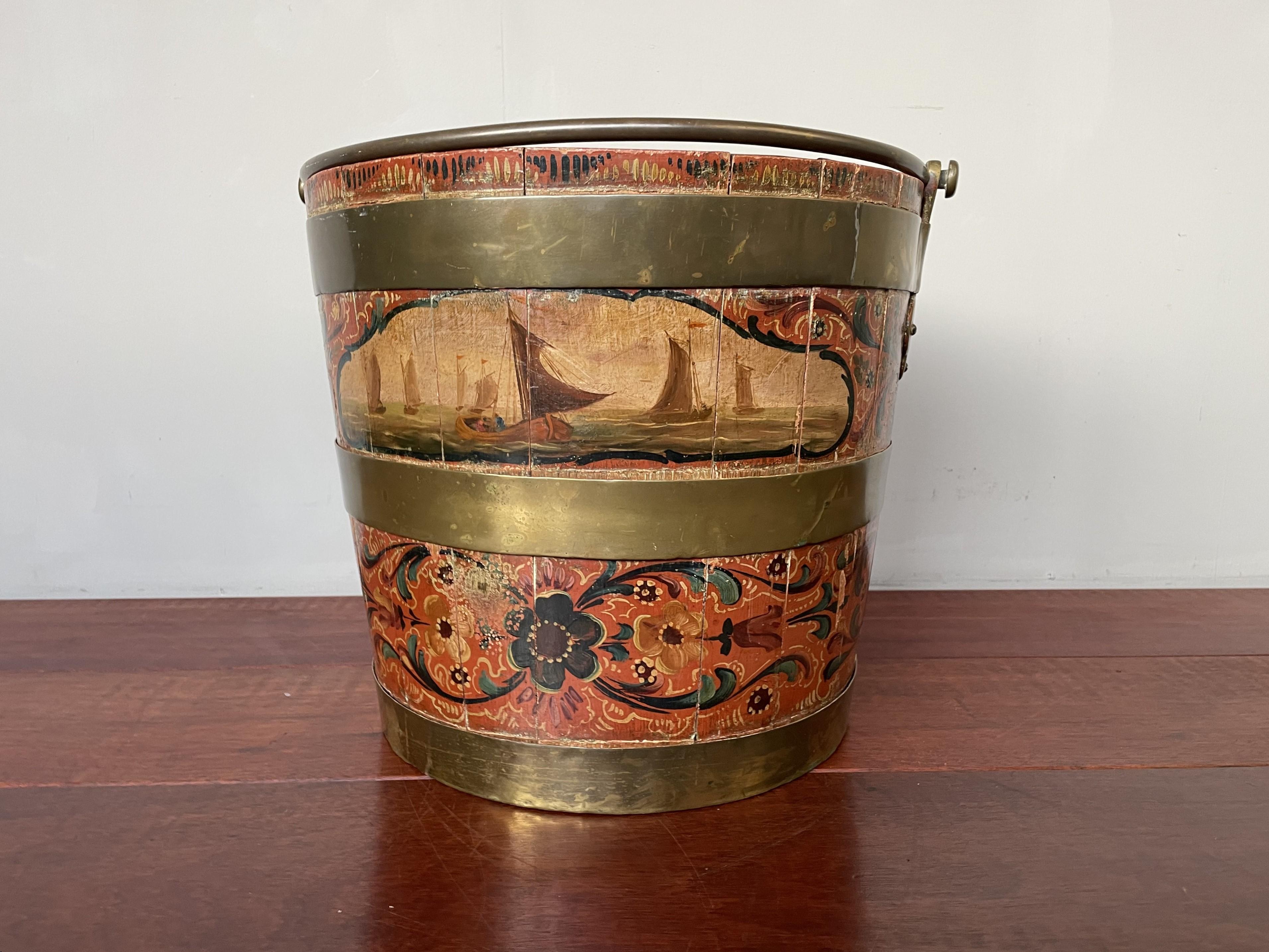 Antique & Important Dutch Hindeloopen Hand Painted Folk Art Tea Bucket w. Liner For Sale 11