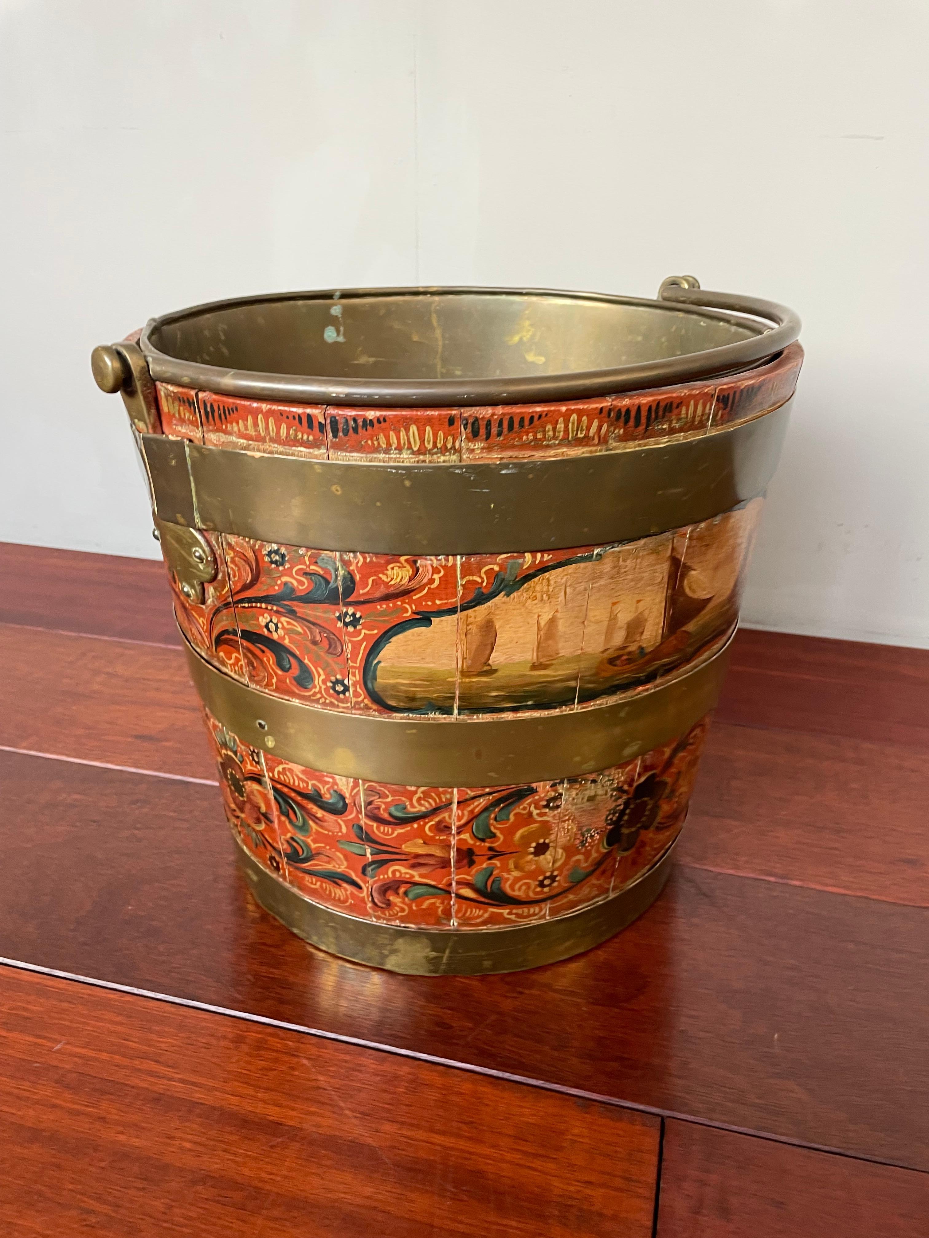 Antique & Important Dutch Hindeloopen Hand Painted Folk Art Tea Bucket w. Liner For Sale 13