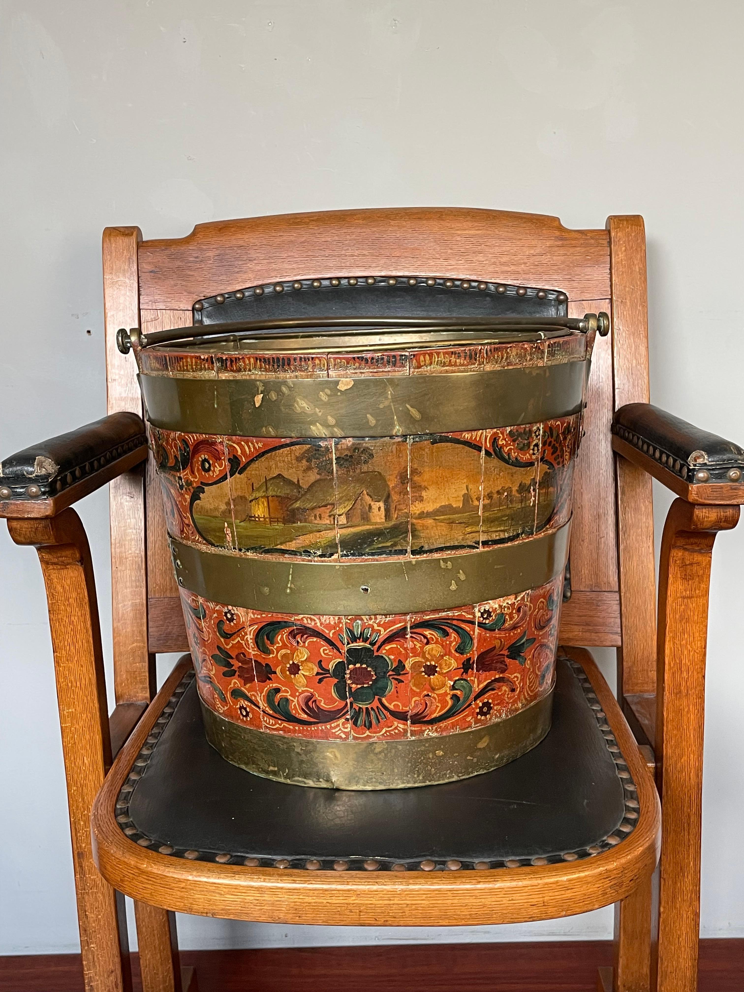 Antique & Important Dutch Hindeloopen Hand Painted Folk Art Tea Bucket w. Liner For Sale 14
