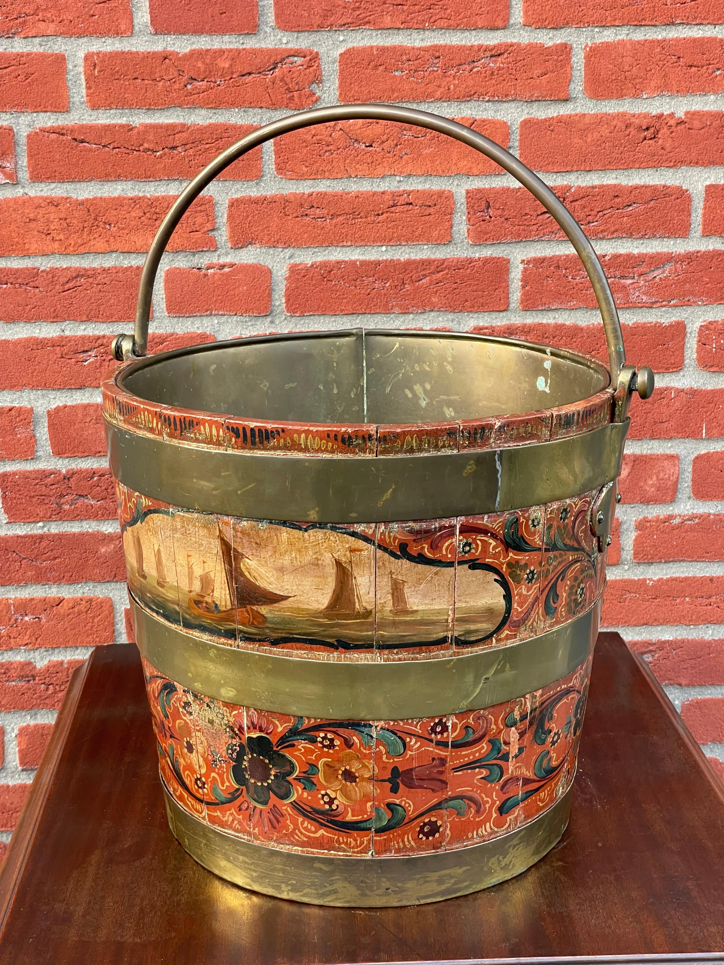 Forged Antique & Important Dutch Hindeloopen Hand Painted Folk Art Tea Bucket w. Liner For Sale