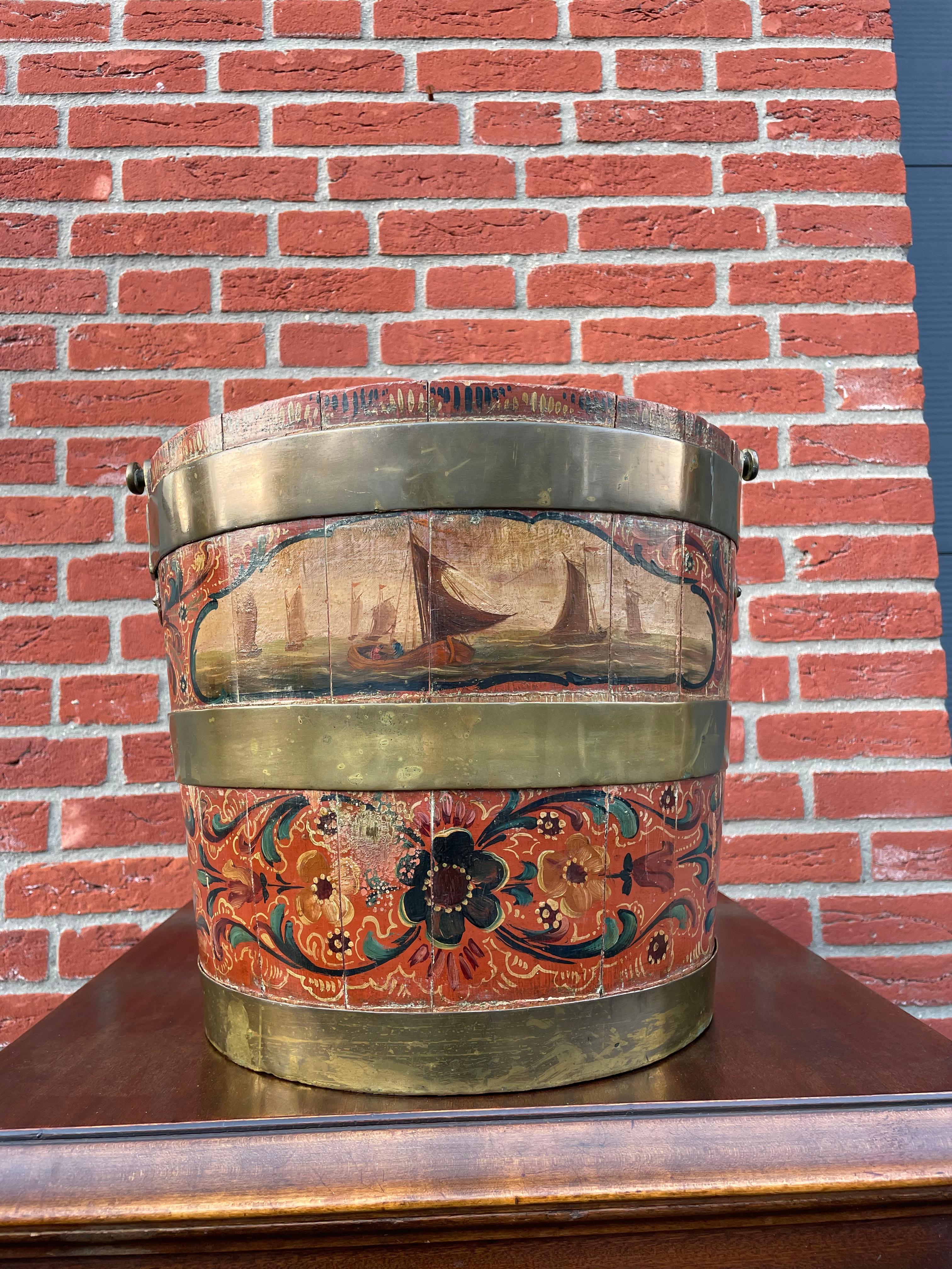 Antique & Important Dutch Hindeloopen Hand Painted Folk Art Tea Bucket w. Liner In Good Condition For Sale In Lisse, NL