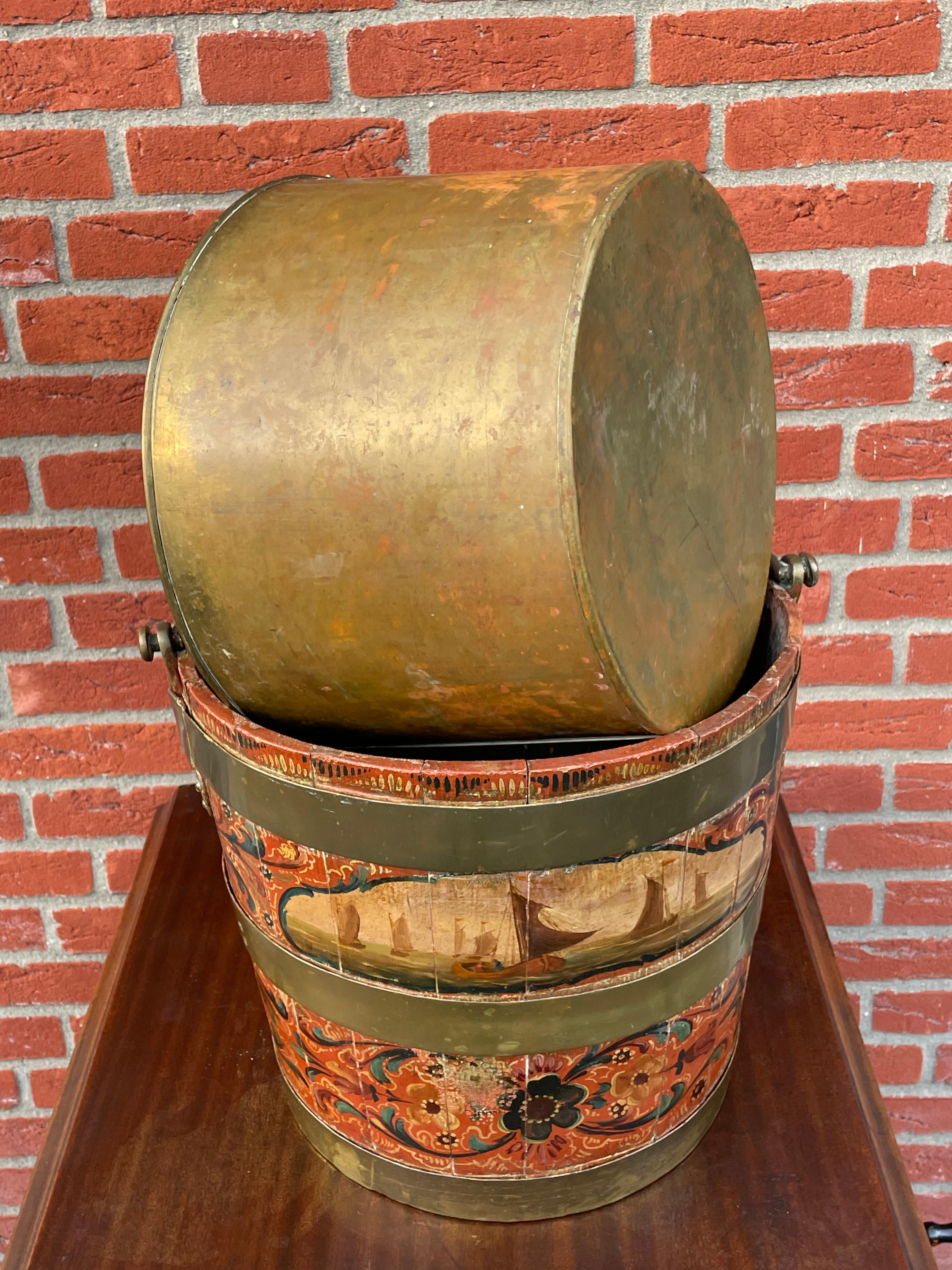 Antike & wichtige holländische Hindeloopen Hand gemalt Folk Art Tea Bucket w. Liner (Geschmiedet) im Angebot