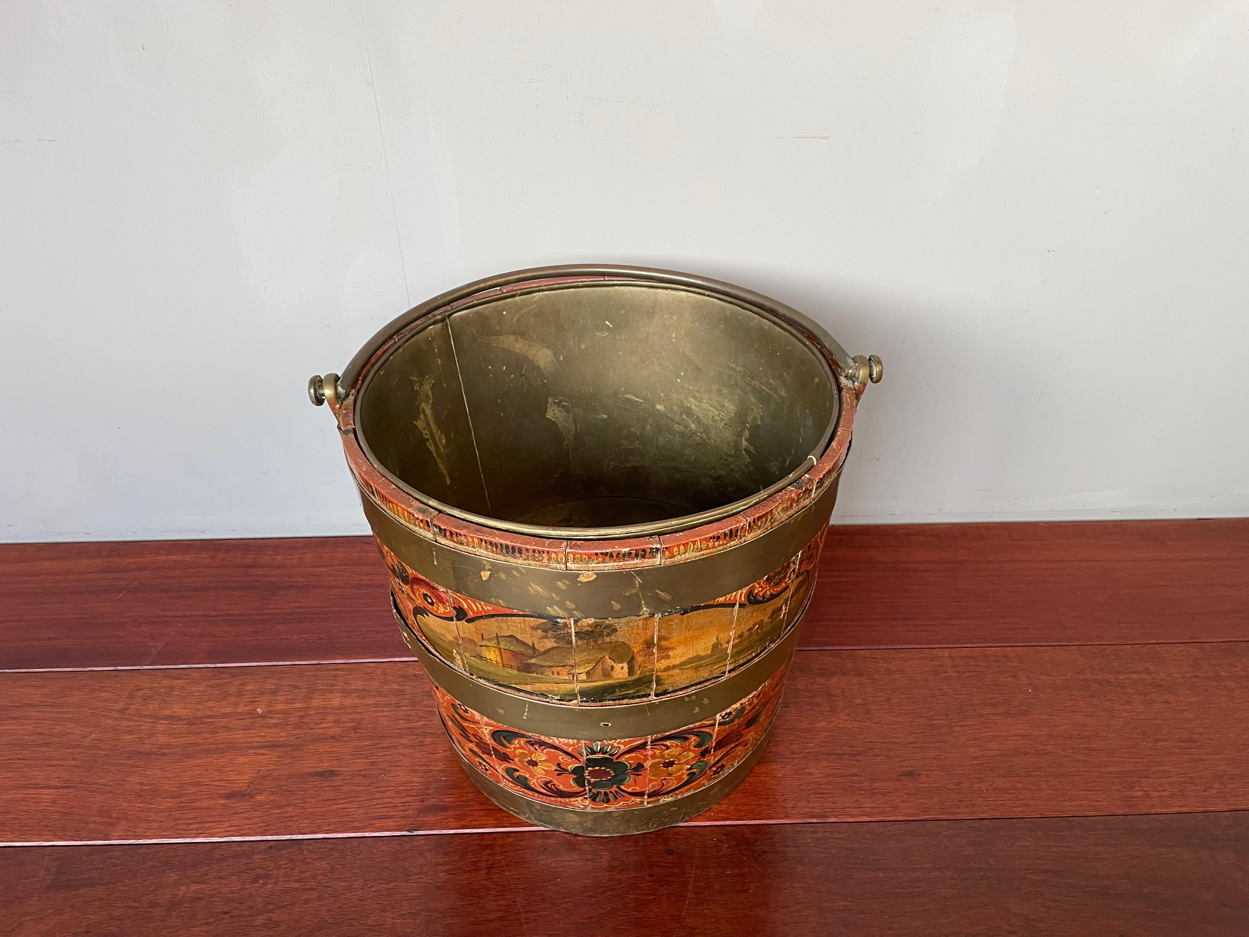 Antike & wichtige holländische Hindeloopen Hand gemalt Folk Art Tea Bucket w. Liner im Angebot 1