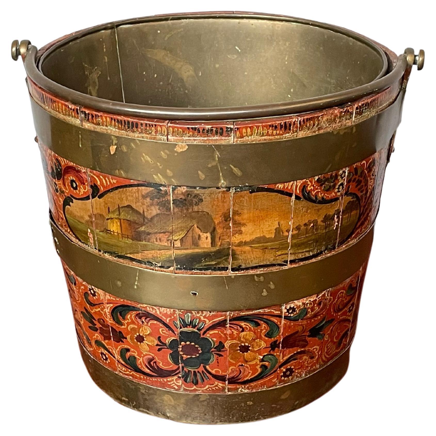 Antike & wichtige holländische Hindeloopen Hand gemalt Folk Art Tea Bucket w. Liner