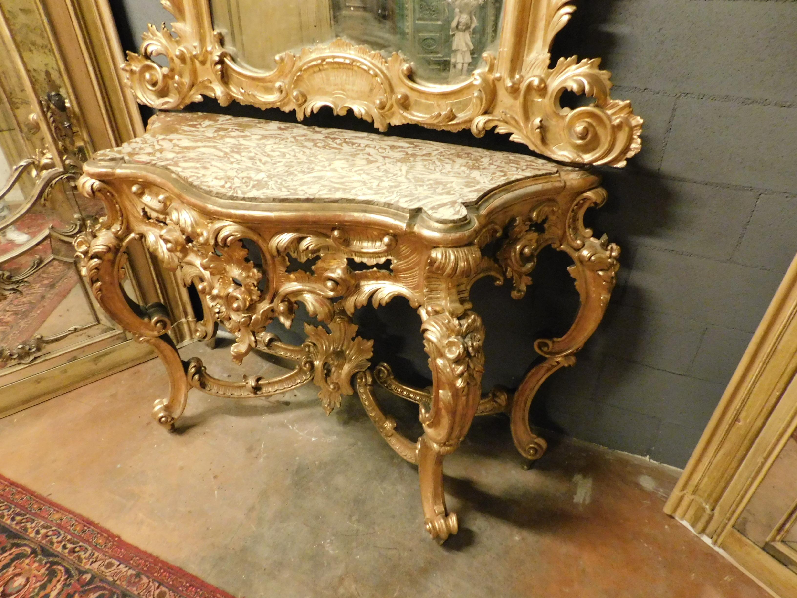 Antique Important Rich Gilded Wooden Console Mirror, Naples, 'Italy', 1700 For Sale 2