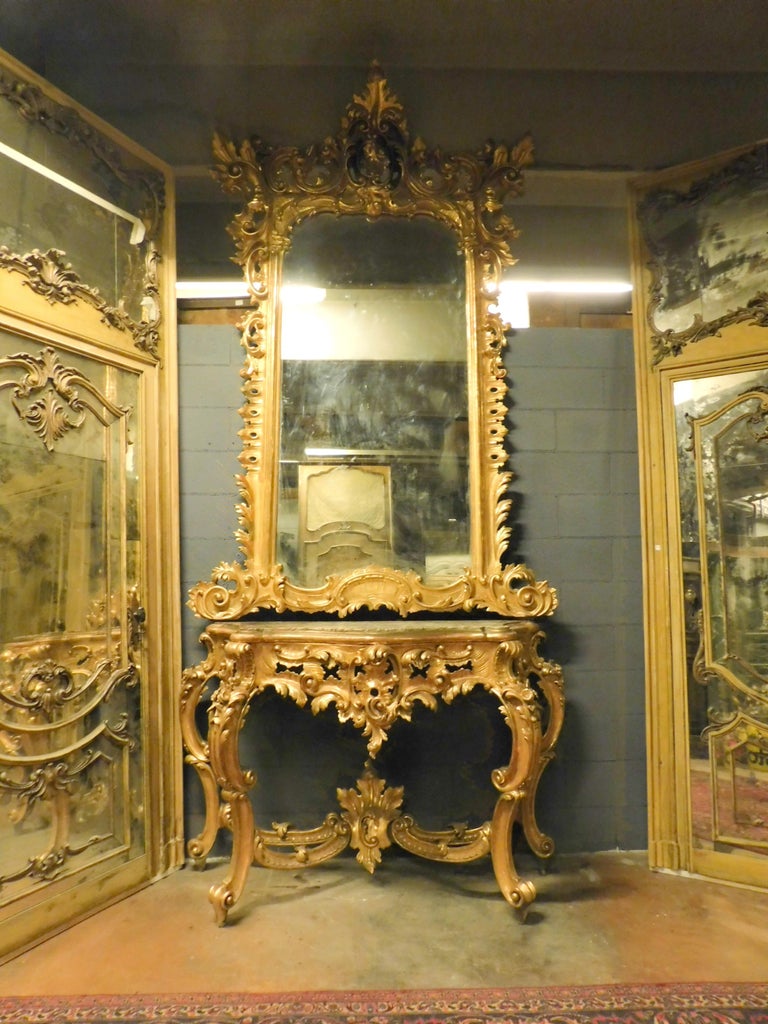 Antique Important Rich Gilded Wooden Console Mirror, Naples, 'Italy