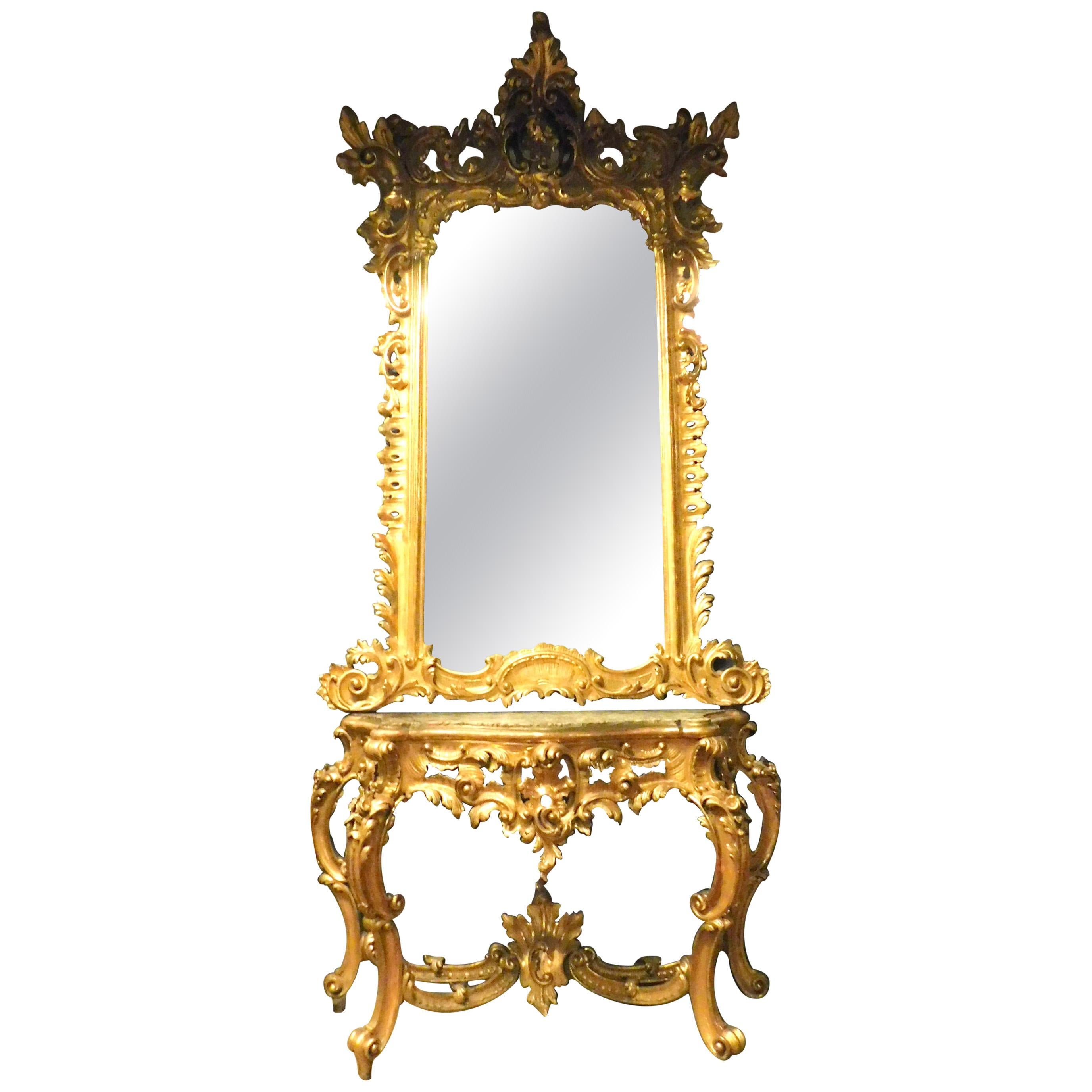 Important miroir console ancien en bois doré, Naples, « Italie », 1700