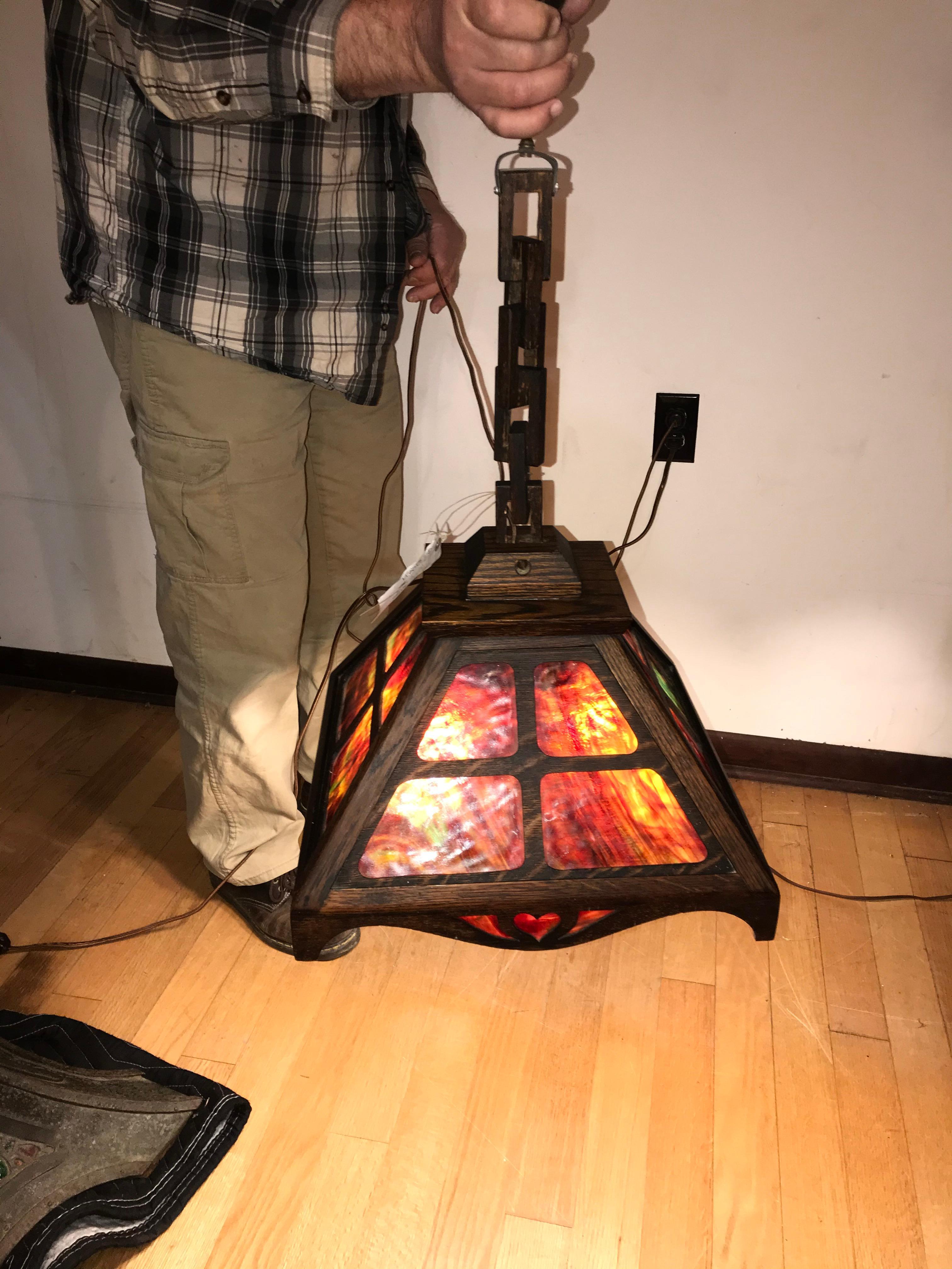 Antique Important Stained Glass Chandelier by J.B. Brown - Stickley era - W6053 In Good Condition For Sale In Shamokin Dam, PA