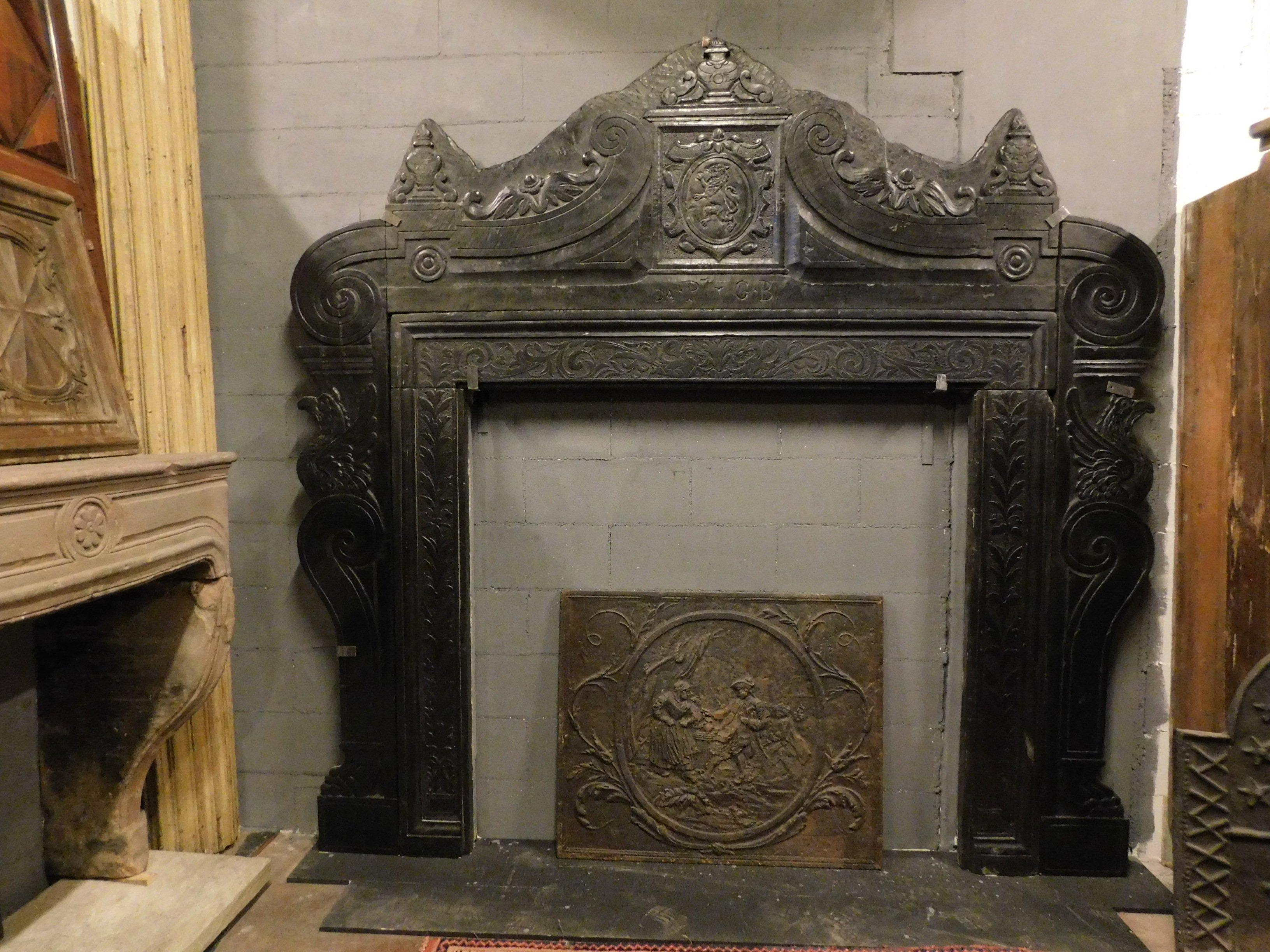 18th Century and Earlier Antique Imposing Fireplace Black Slate, Noble Coat of Arms, 16th Century, Italy