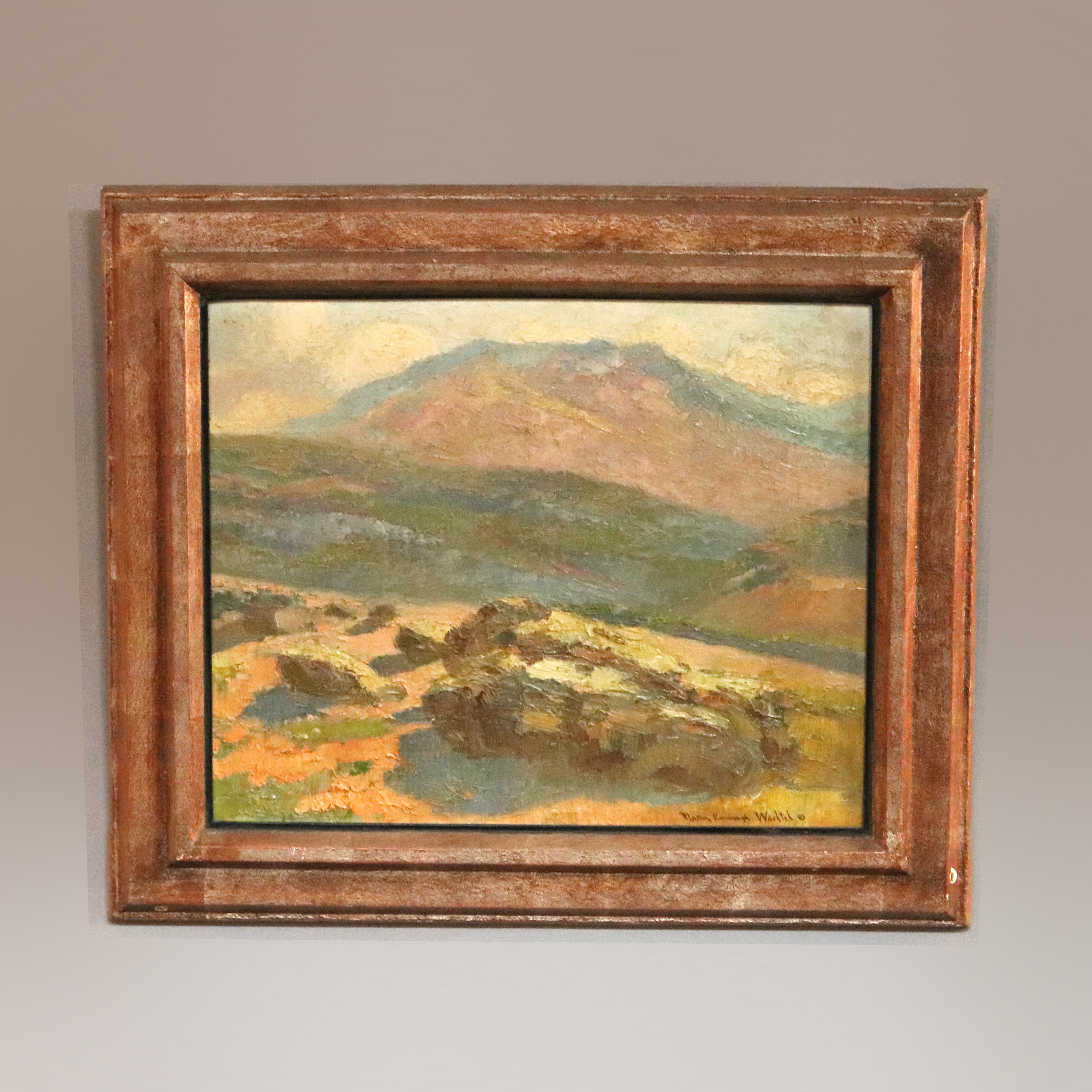 An antique painting by Marion Kavanaugh Wachtel offers impressionist oil on canvas California landscape scene, artist signed lower right, seated in wood frame, c1930

Measures - overall 18''H x 21.25''W x 2''D; sight 16.5'' x 13.25''

Additional
