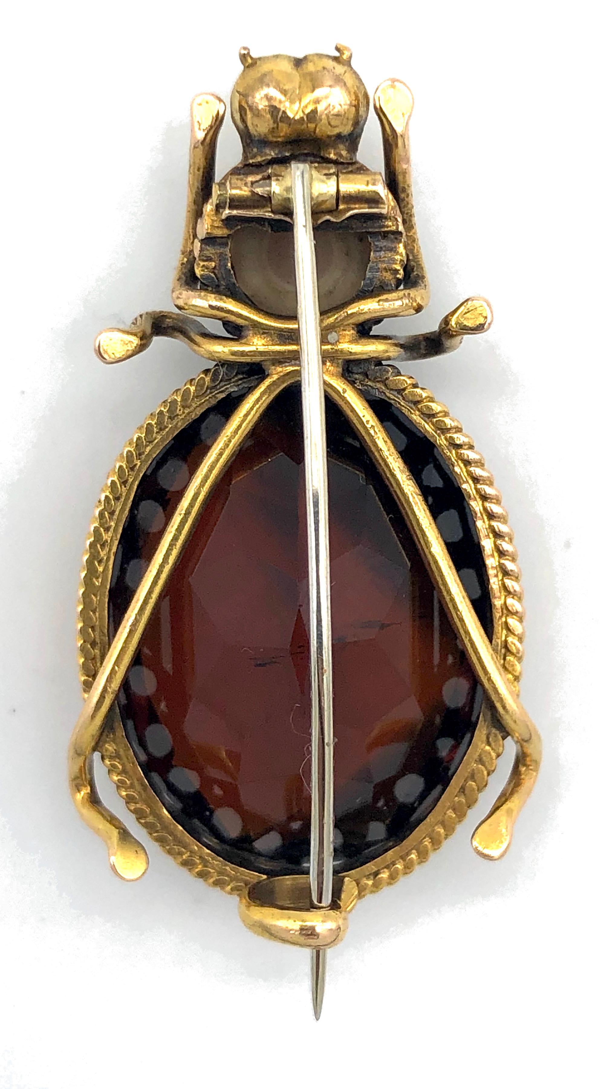 Belle Époque Antique Impressionist Beetle Bug Insect Madeira Citrine Pearl Gold Brooch