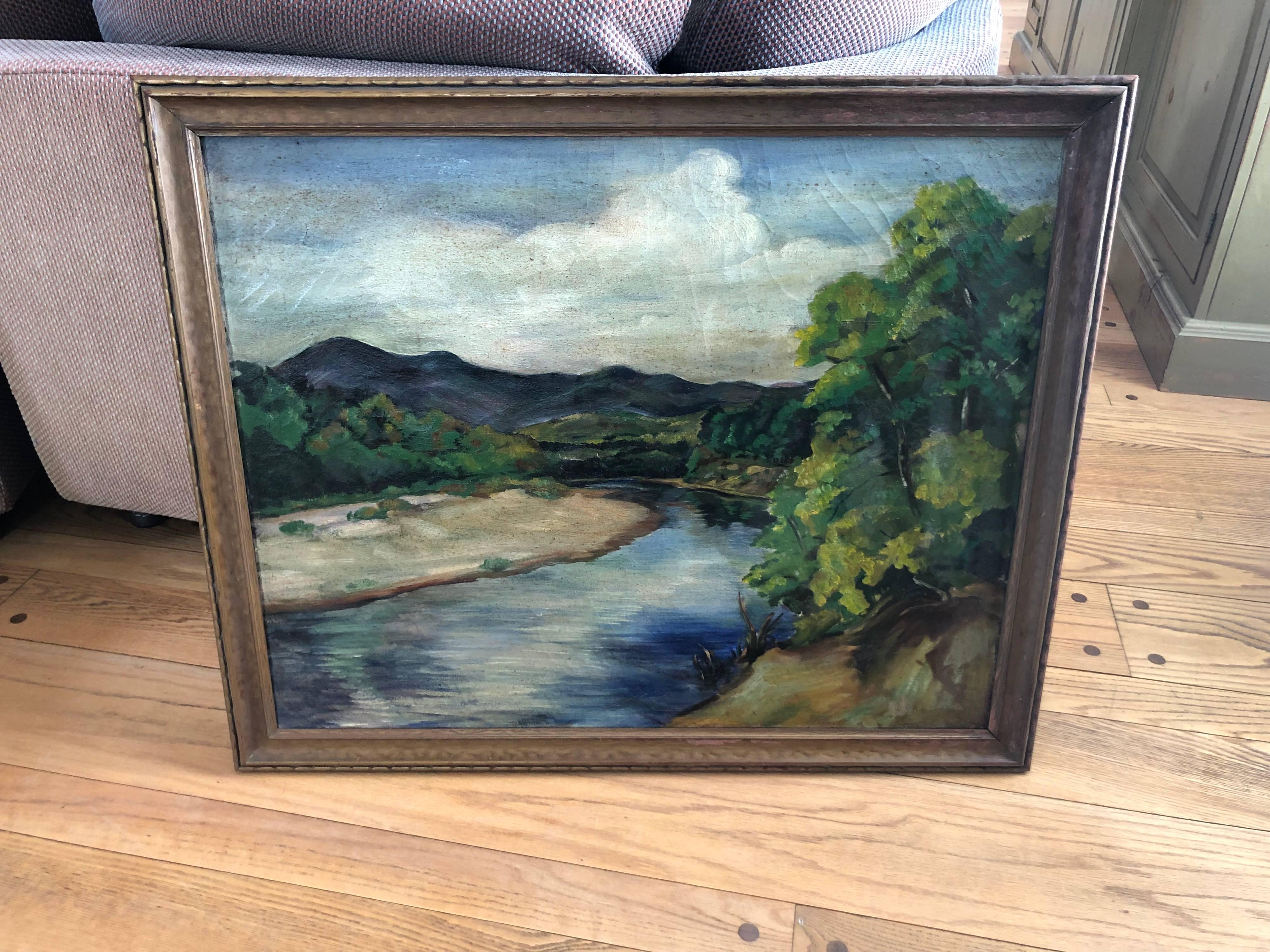 Antique impressionist landscape oil on canvas. Bucolic landscape with trees and blue mountains. Signed  D.Papkin artist. Parcel shipping quote is $45 for the continental US.