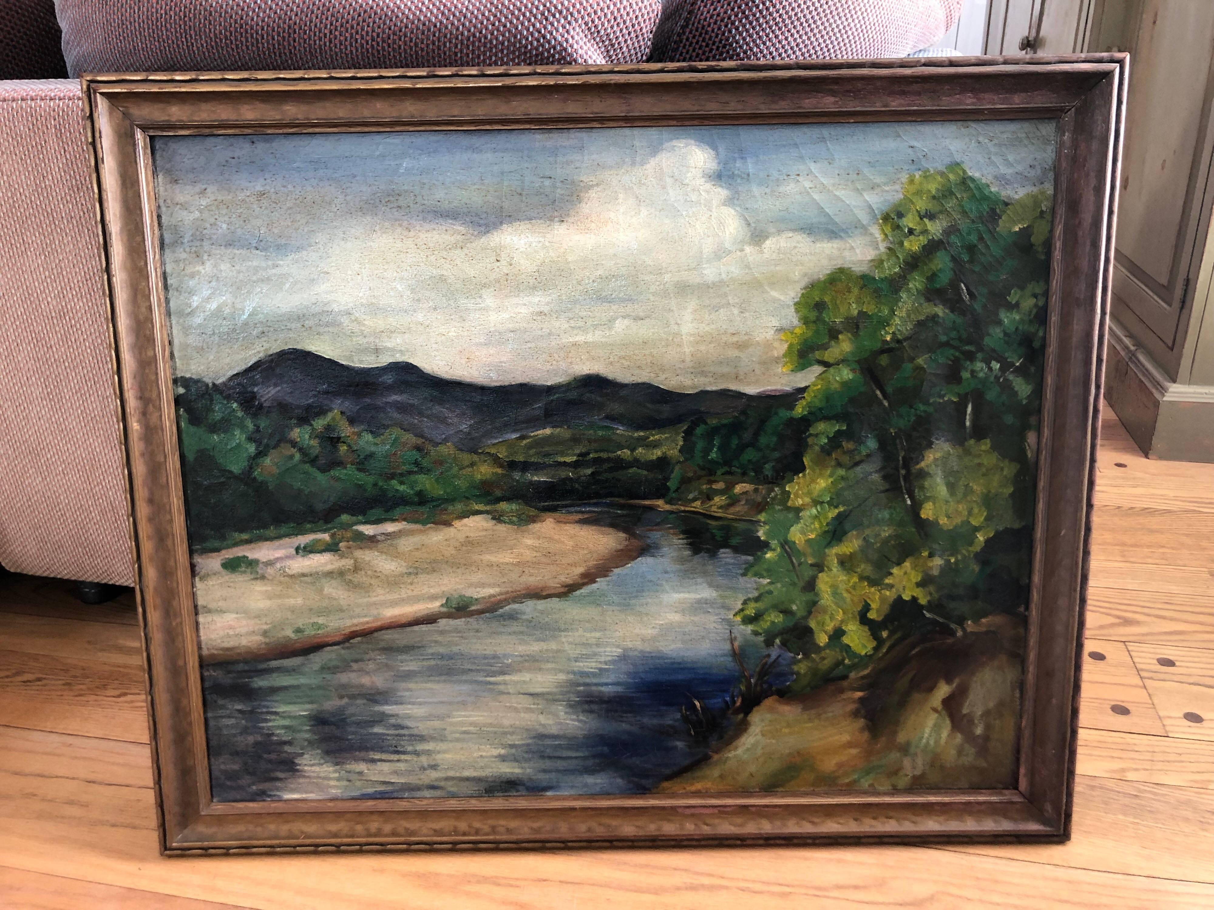 Arts and Crafts Antique Impressionist Landscape Oil on Canvas