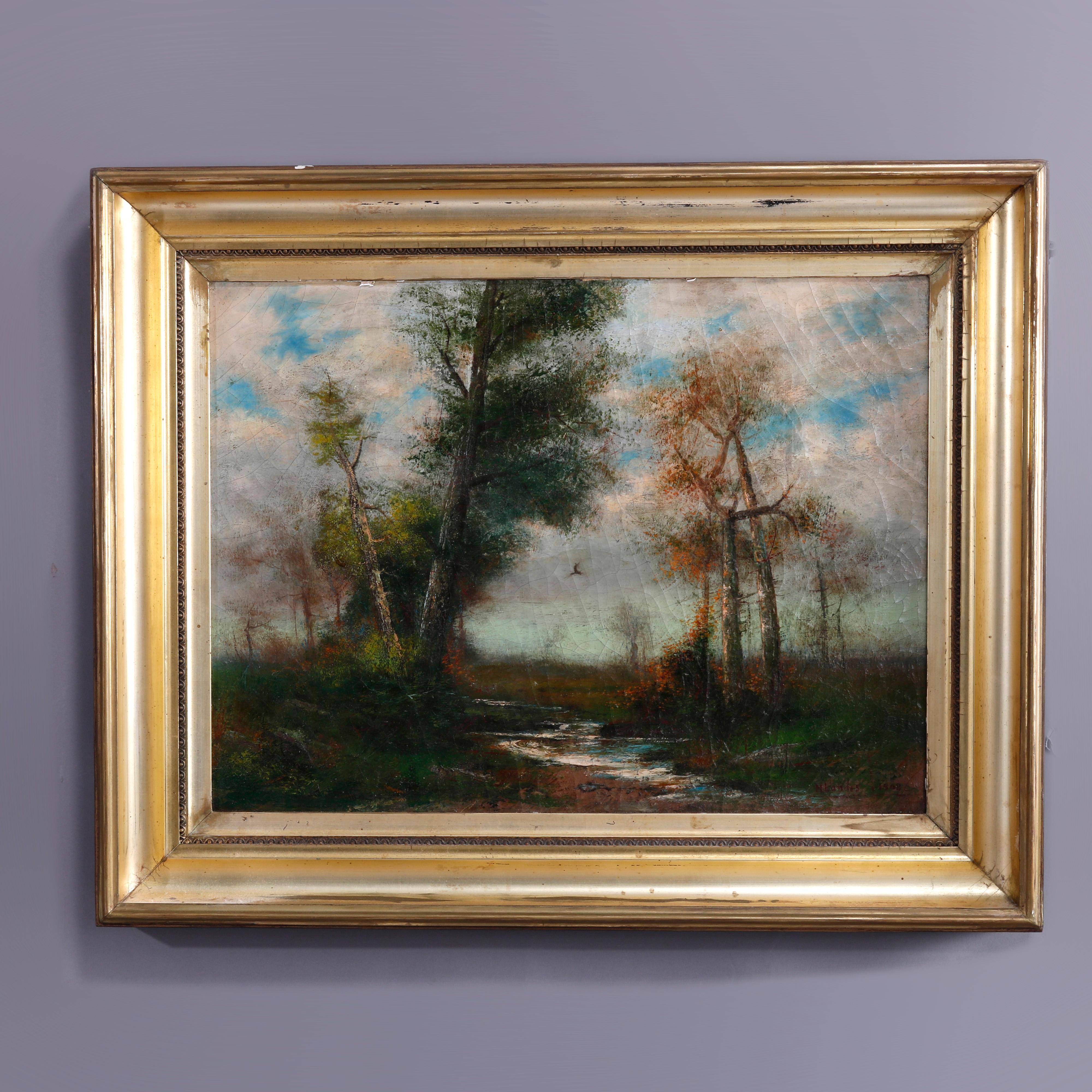 An antique impressionist painting offers oil on canvas landscape with stream, artist signed and dated 1908 lower right, seated in giltwood frame, early 20th century

Measures - 25.5'' H x 30.75'' W x 2.25'' D; sight 24'' x 18.25''.