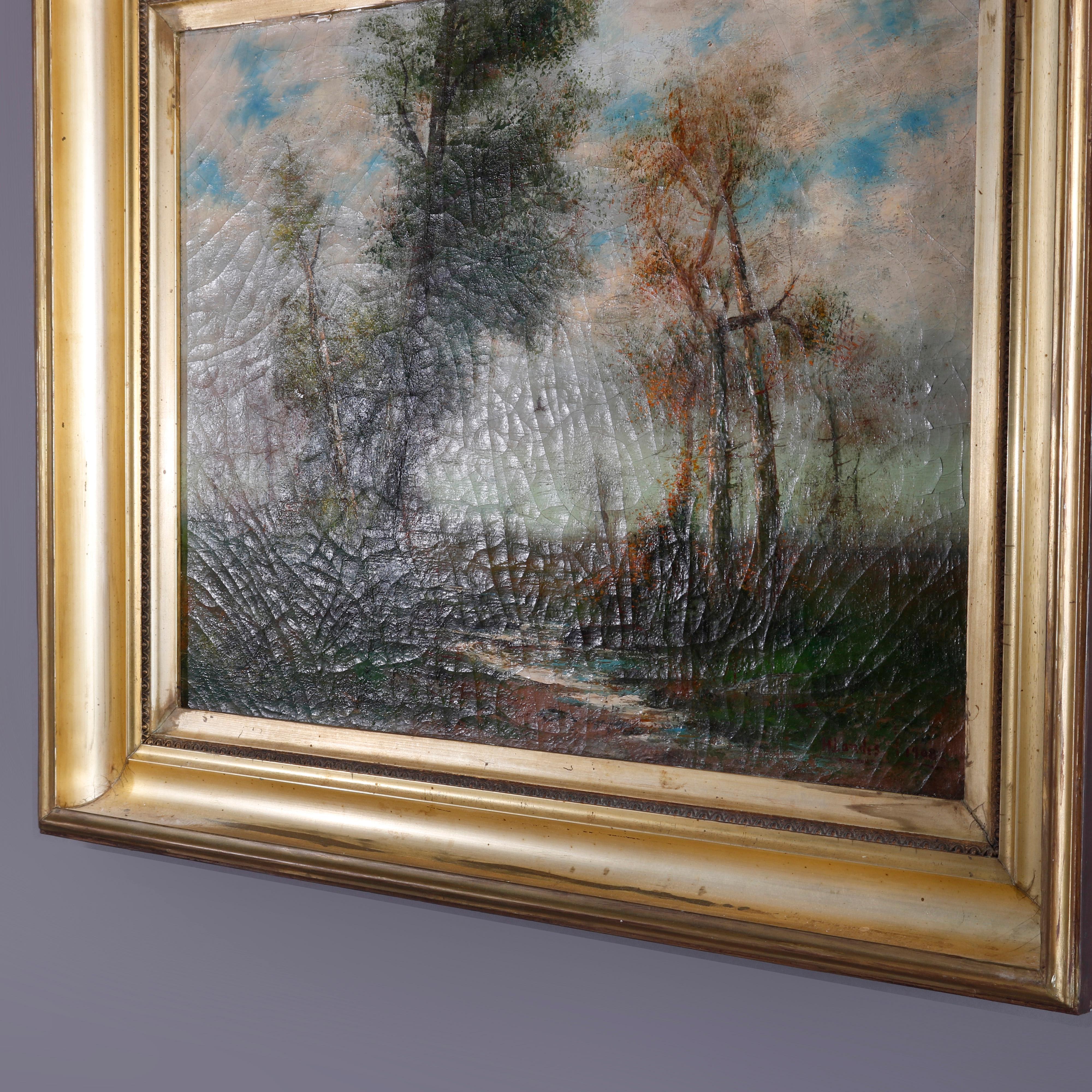 Hand-Painted Antique Impressionist Landscape Painting with Stream by Landis, Dated 1908