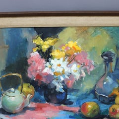 Antique Impressionist Oil on Canvas Still Life Painting of Fruit & Flowers C1930