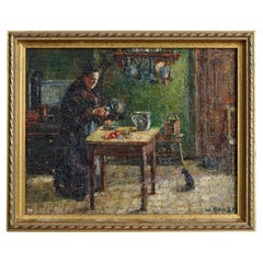 Antique Impressionist Oil on Panel Painting Interior Genre Scene, Signed, C1880