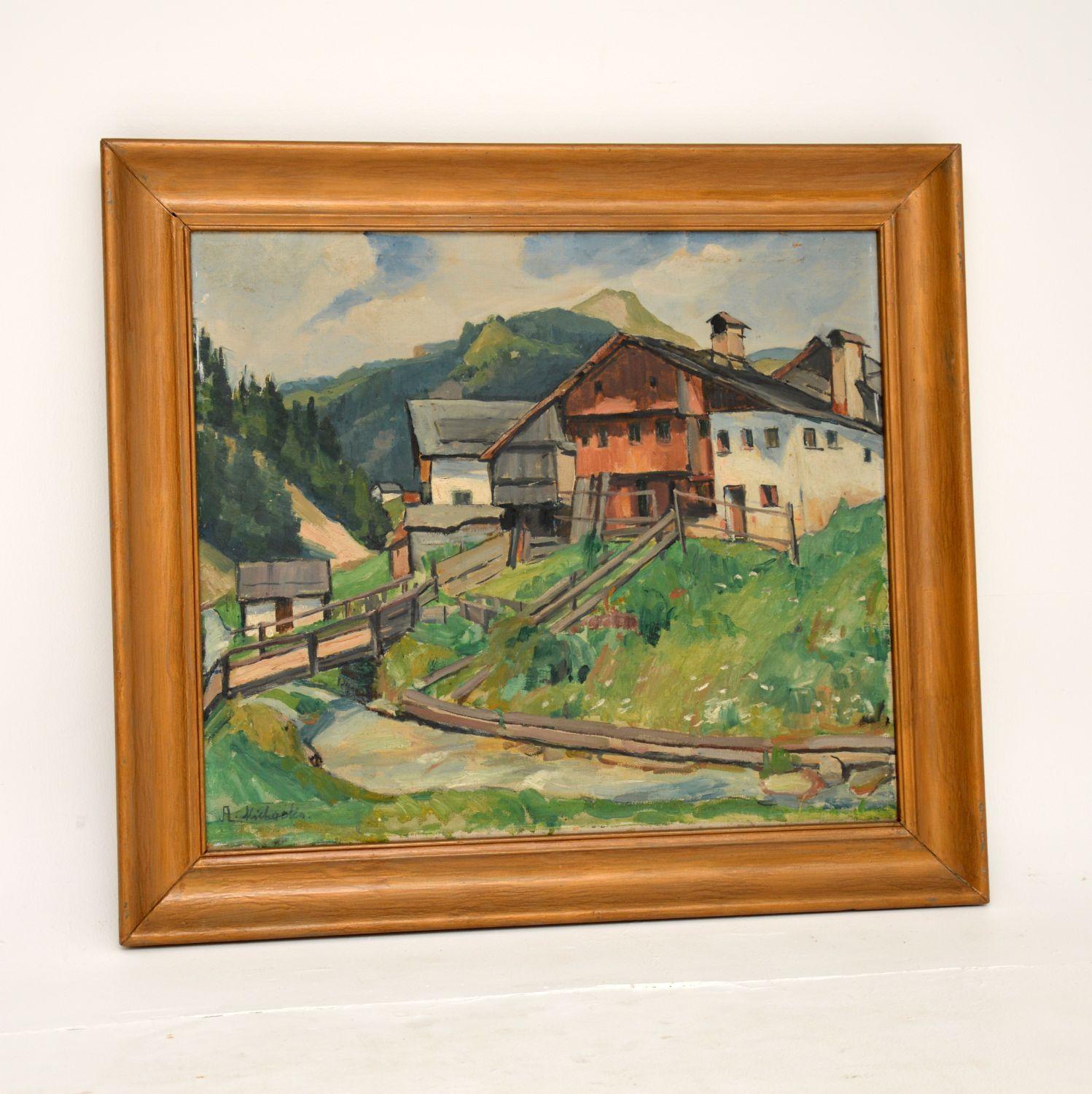 A beautiful and interesting original antique oil painting signed by the artist A. Michaelis. This is dated from 1937, it is in the impressionist manner.

It is beautifully executed and depicts a lovely country side mountain scene.

The condition
