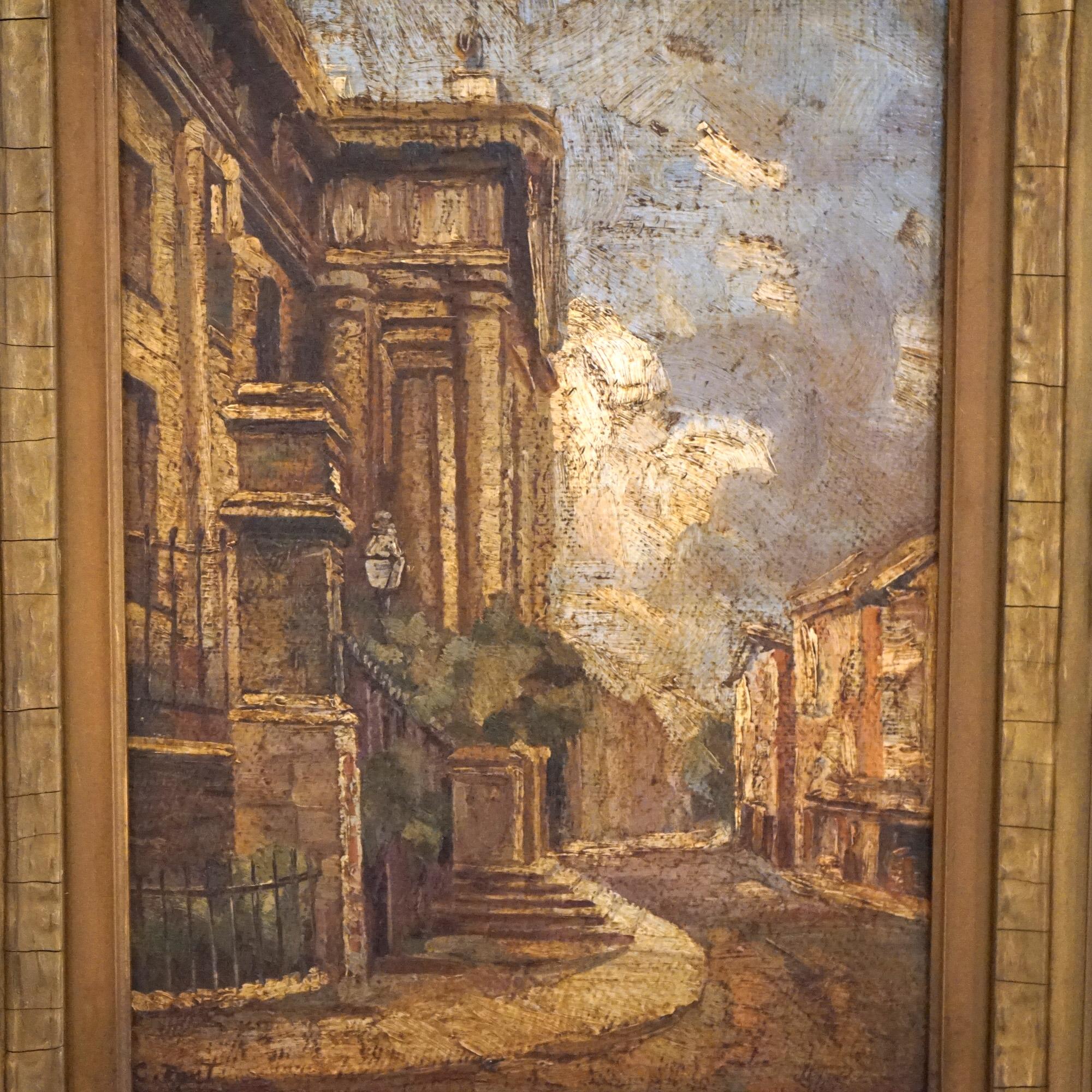 An antique painting offers an impressionist oil on panel painting of an Italian street scene with structures and winding road, artist signed illegible, c1900

Measures- 22.5''H x 18.5''W x 3''D; 10'' x 14.25'' sight