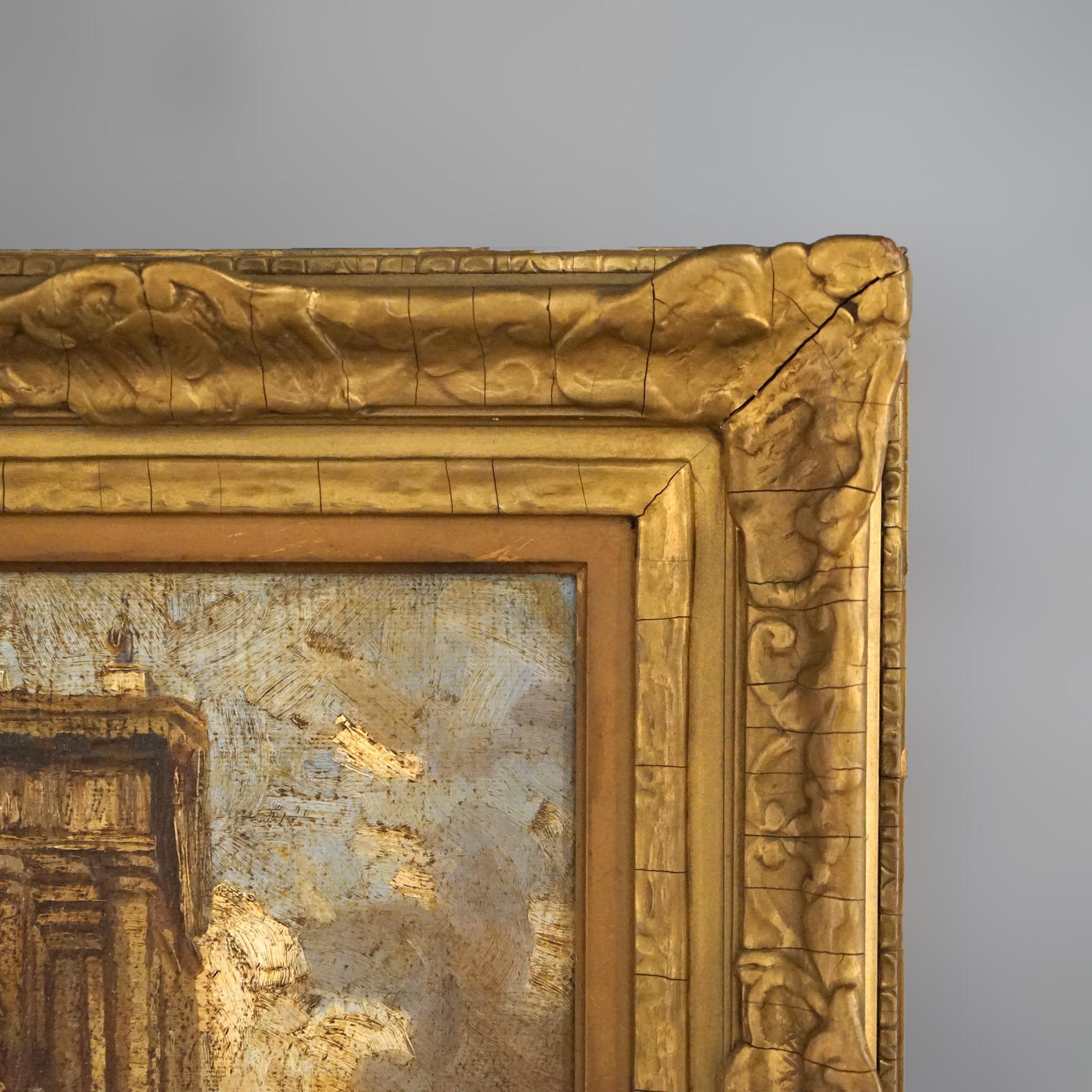 Antiquité - Peinture à l'huile impressionniste - Scène de rue italienne, signée par l'artiste, C1900 en vente 1