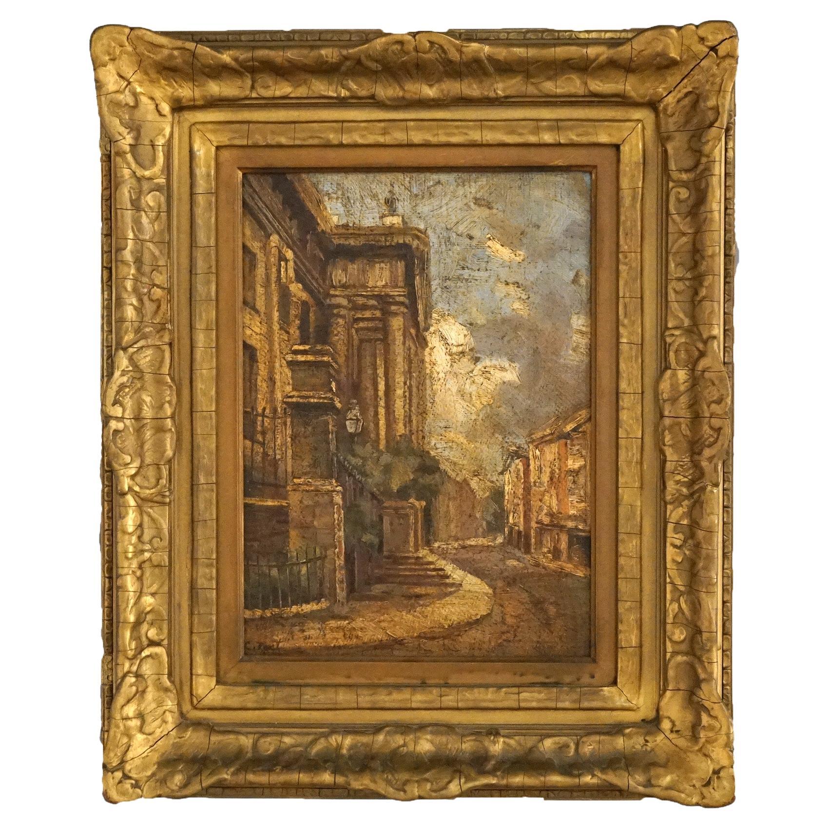 Antiquité - Peinture à l'huile impressionniste - Scène de rue italienne, signée par l'artiste, C1900