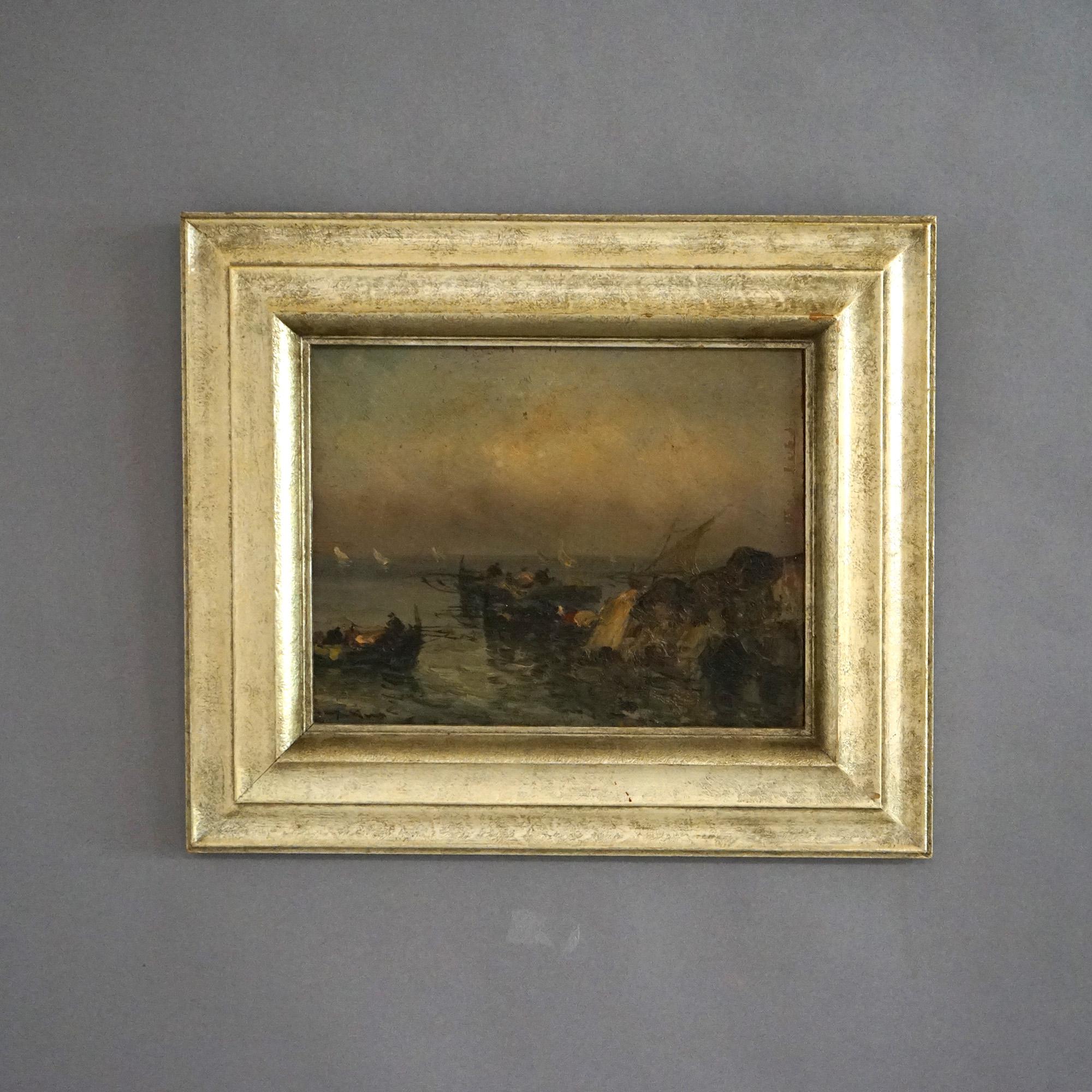 An antique Impressionist painting offers oil on board seascape with figures and boats, Bringing in The Catch, 19th century

Measures - 14.75