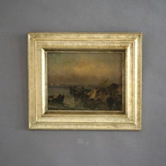 Antique Impressionist Oil Painting O/B Harbor Scene Bringing In The Catch, 19thC
