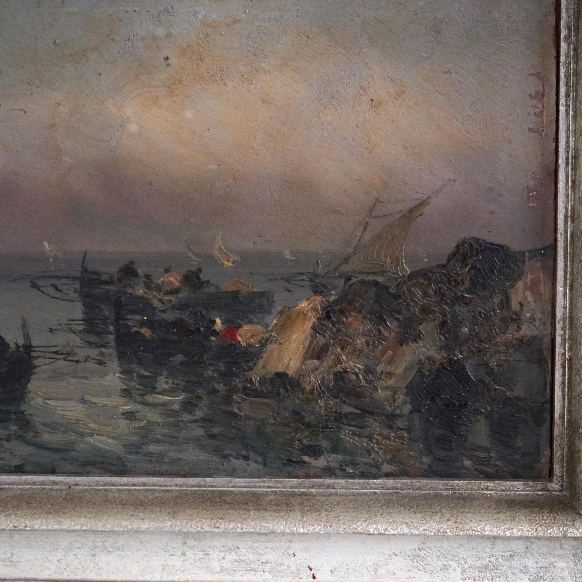 19th Century Antique Impressionist Oil Painting O/B Harbor Scene Bringing In The Catch, 19thC