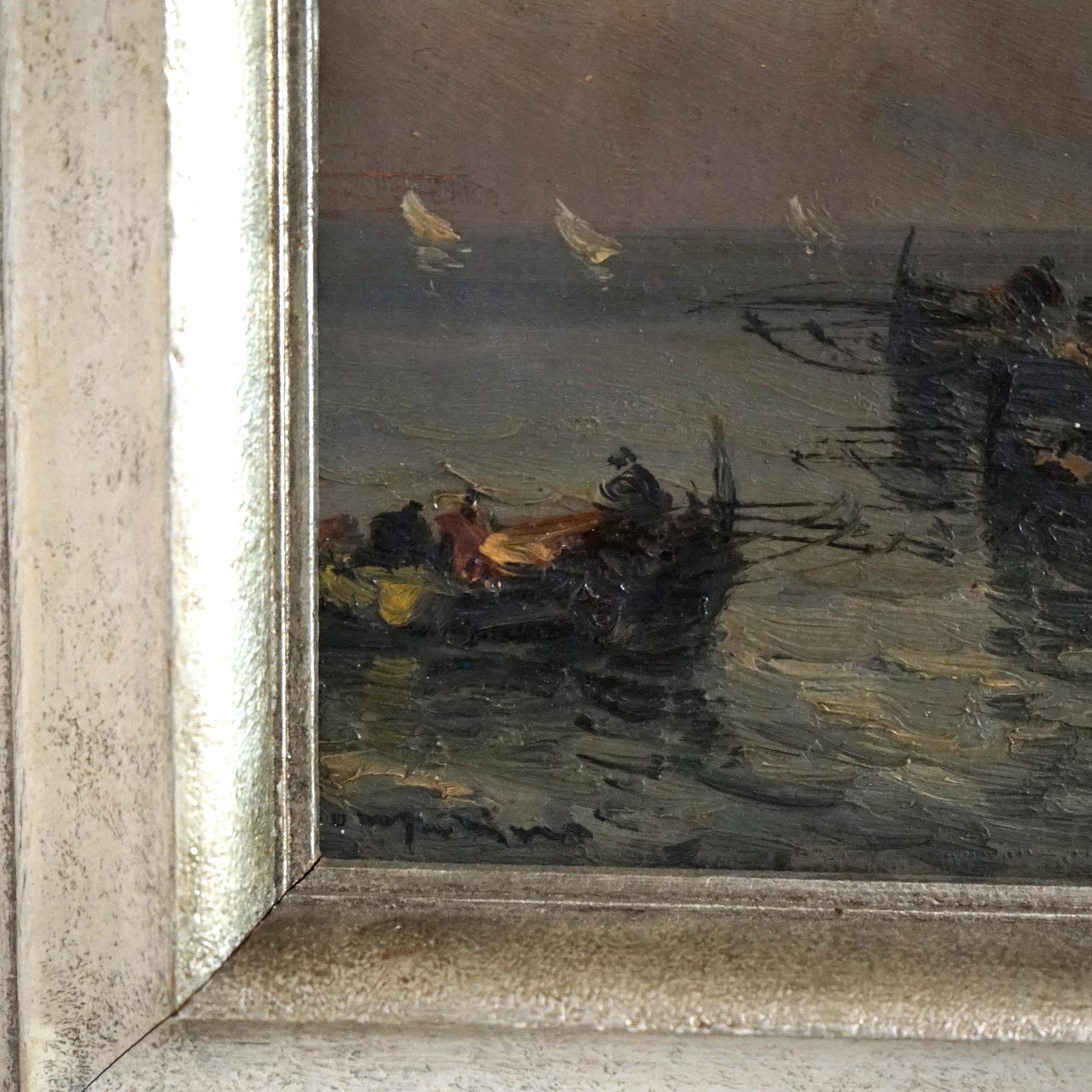 Wood Antique Impressionist Oil Painting O/B Harbor Scene Bringing In The Catch, 19thC