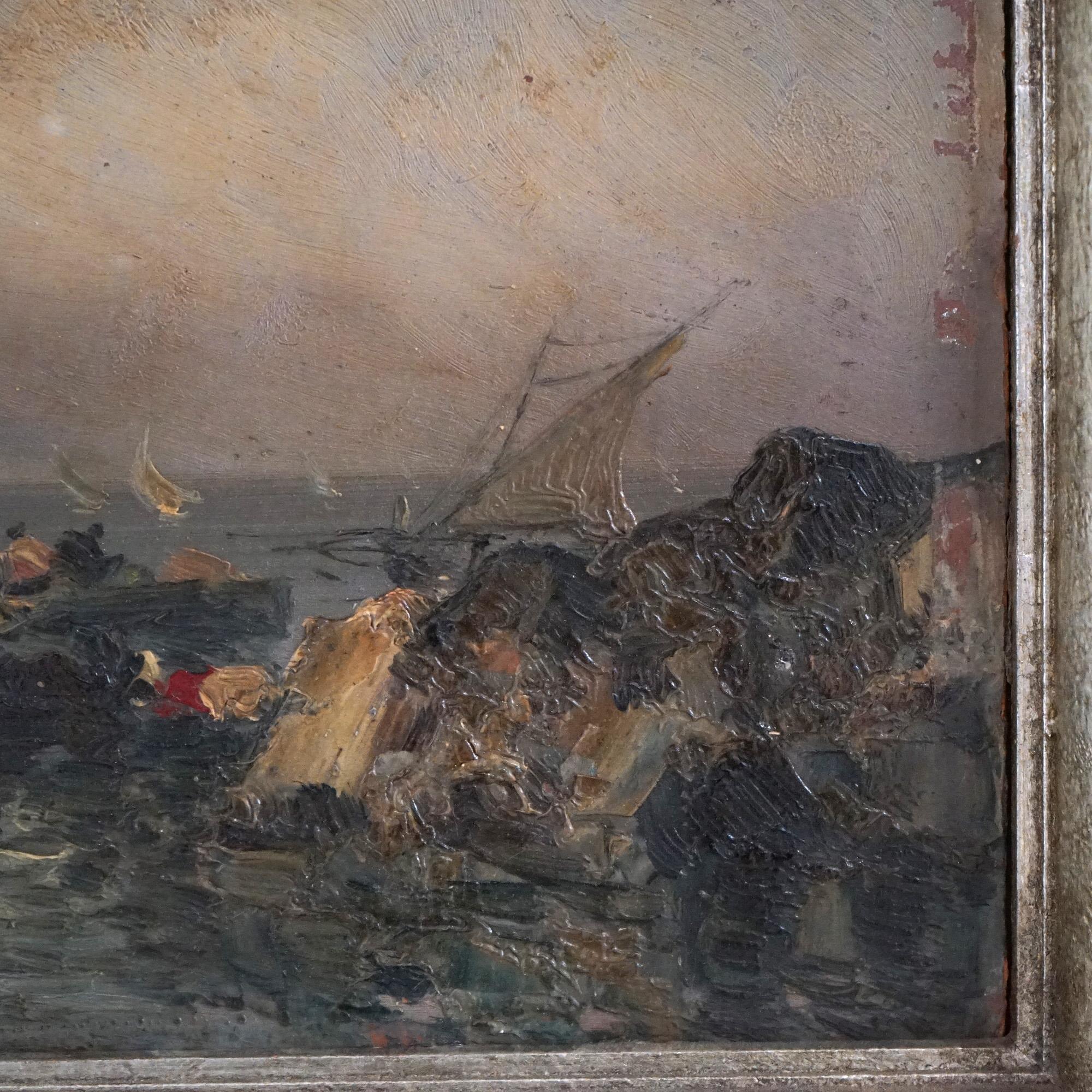 Antique Impressionist Oil Painting O/B Harbor Scene Bringing In The Catch, 19thC 1