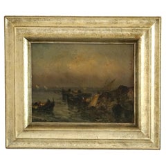 Antique Impressionist Oil Painting O/B Harbor Scene Bringing In The Catch, 19thC