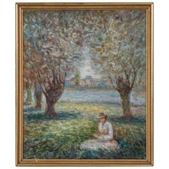 Antique Impressionist Oil Painting, Woman in a Park, Signed F. John