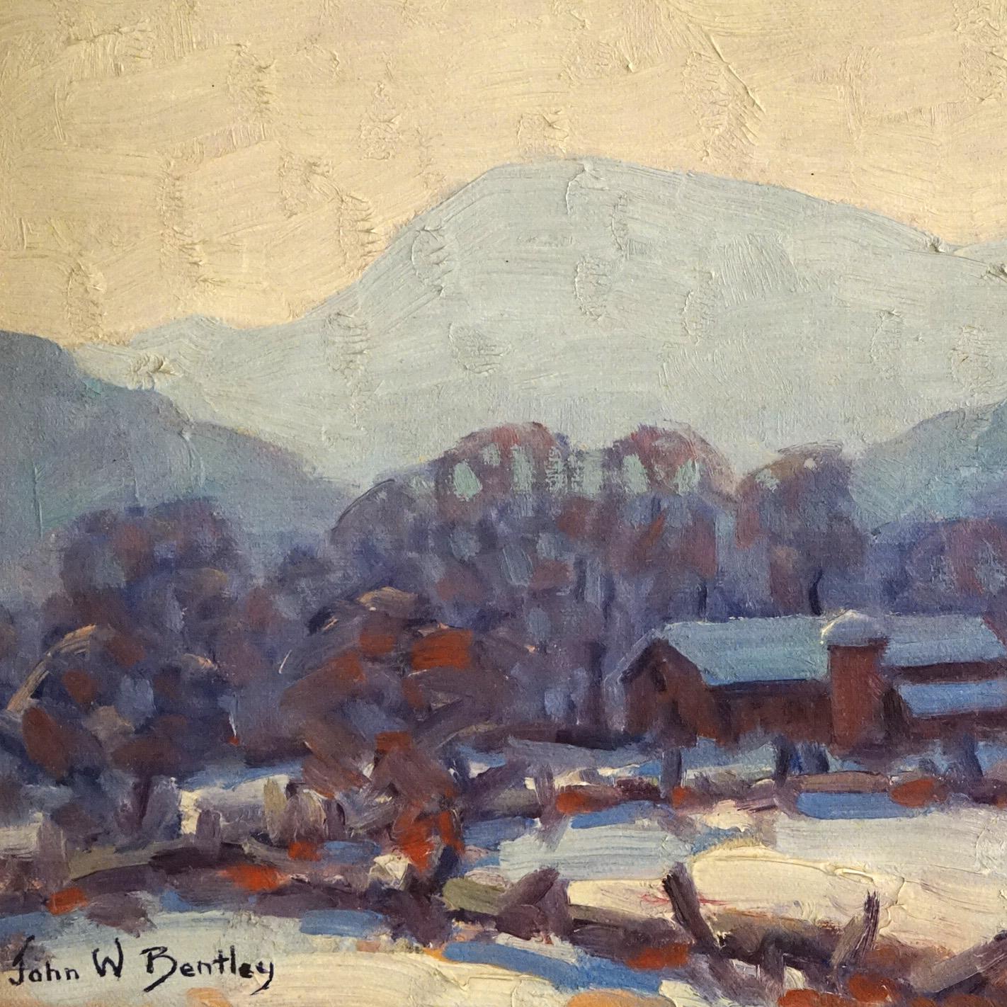 An antique Impressionist painting titled “Hazy Winter Light” by John W. Bentley of Woodstock, NY offers oil on board landscape scene with barn, artist signed lower right, seated in giltwood frame, c1930

Measures- 9.75''H x 12''W x 1.25''D; 10.25''