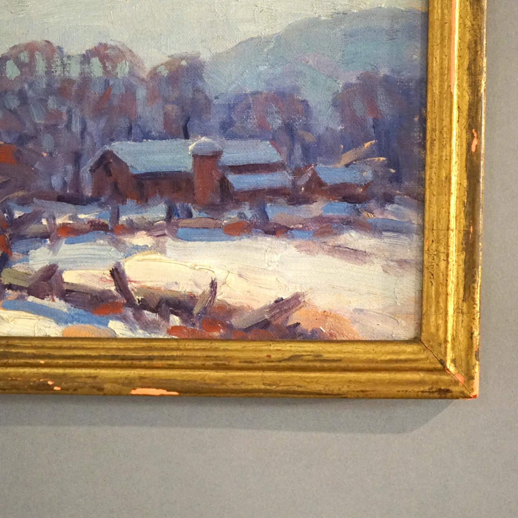 Antikes impressionistisches Gemälde Hazy Winterleuchte von John W. Bentley, Woodstock, impressionistisches Gemälde im Zustand „Gut“ im Angebot in Big Flats, NY