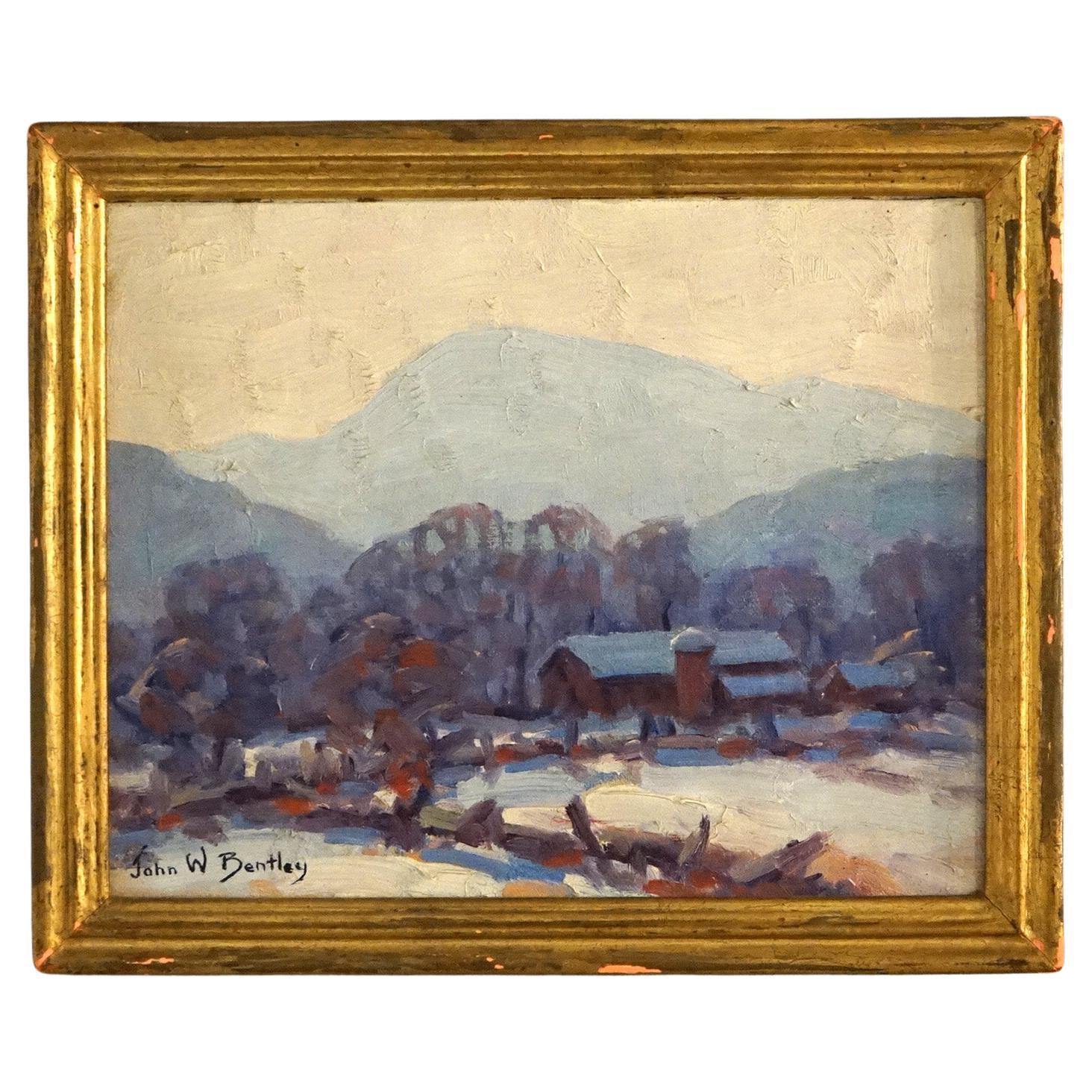 Antikes impressionistisches Gemälde Hazy Winterleuchte von John W. Bentley, Woodstock, impressionistisches Gemälde im Angebot