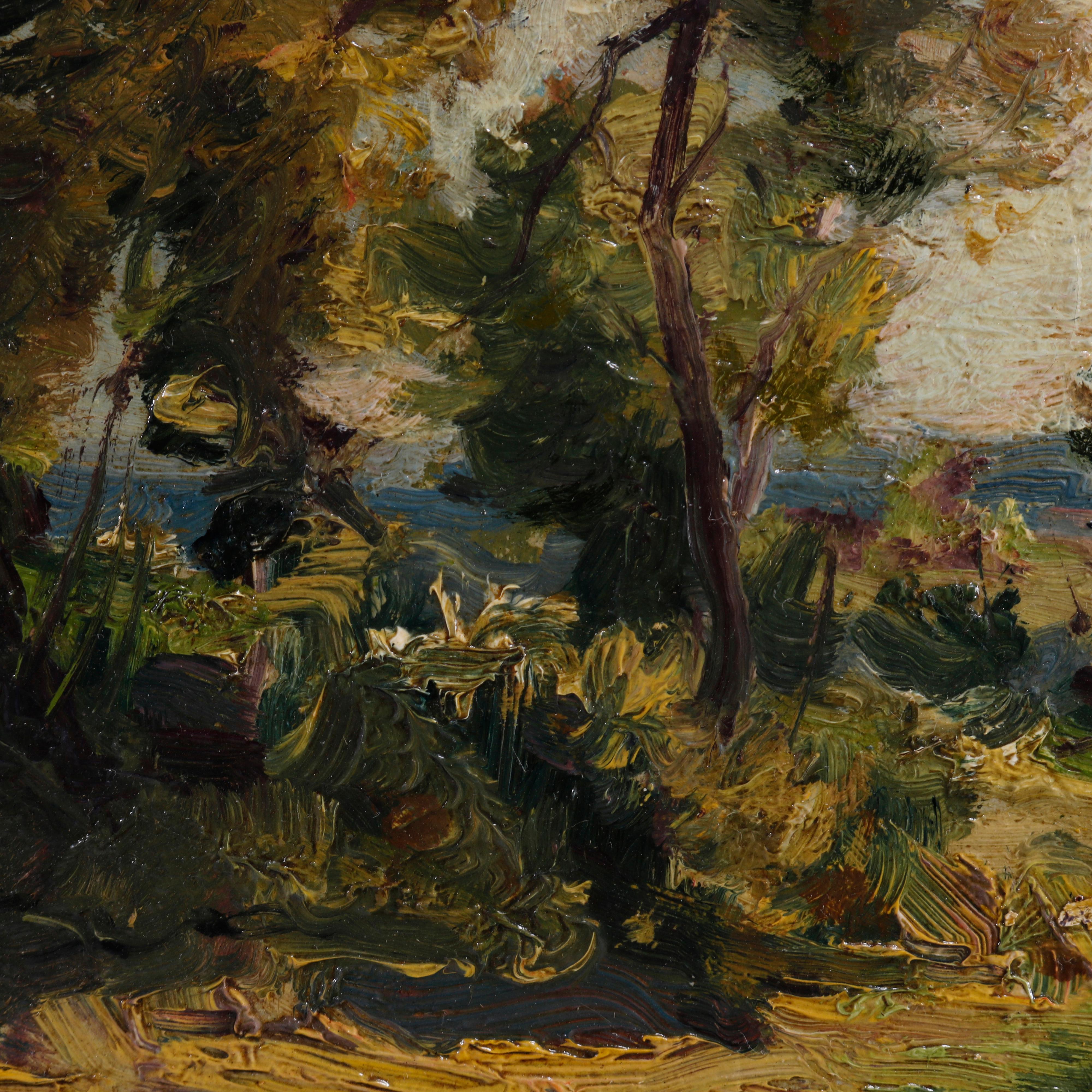 Hand-Painted Antique Impressionist Painting Landscape with Figure, Signed A. Addy, Circa 1910