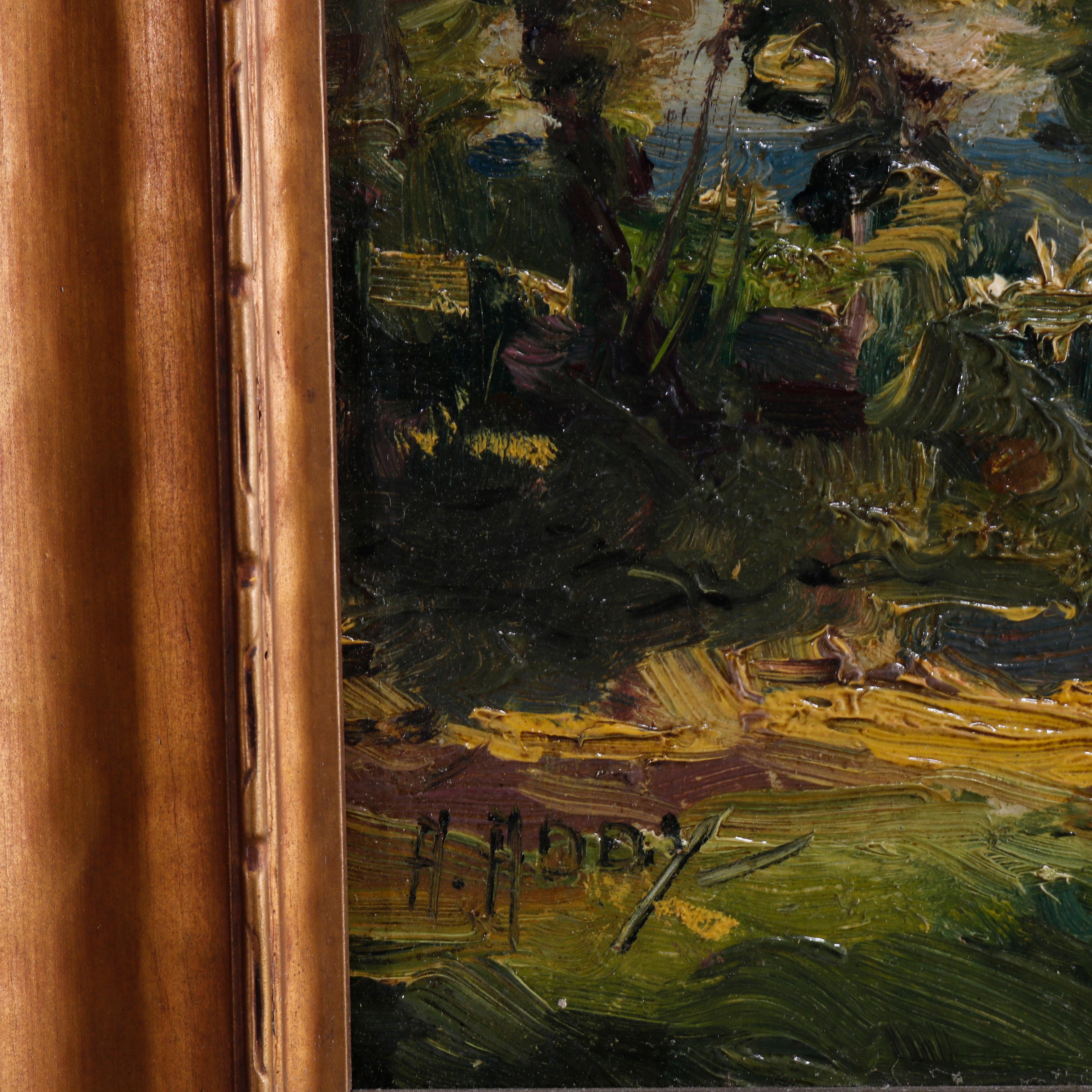 Wood Antique Impressionist Painting Landscape with Figure, Signed A. Addy, Circa 1910